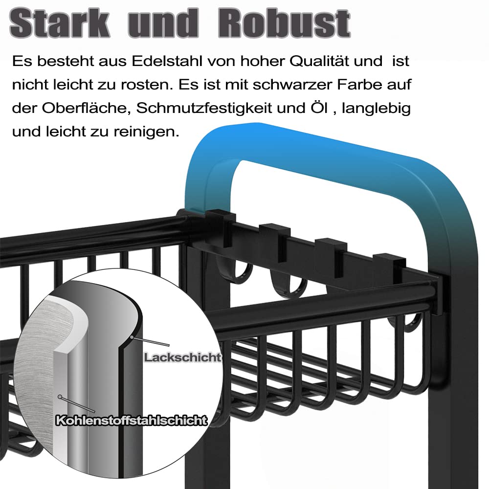 Gewürzregal,2 Etagen Küchenregal aus Metall mit 8 Haken,Küchenarbeitsplatte Organizer für Aufbewahrung Gewürzen,Ölflaschen,Kosmetik(Schwarz)