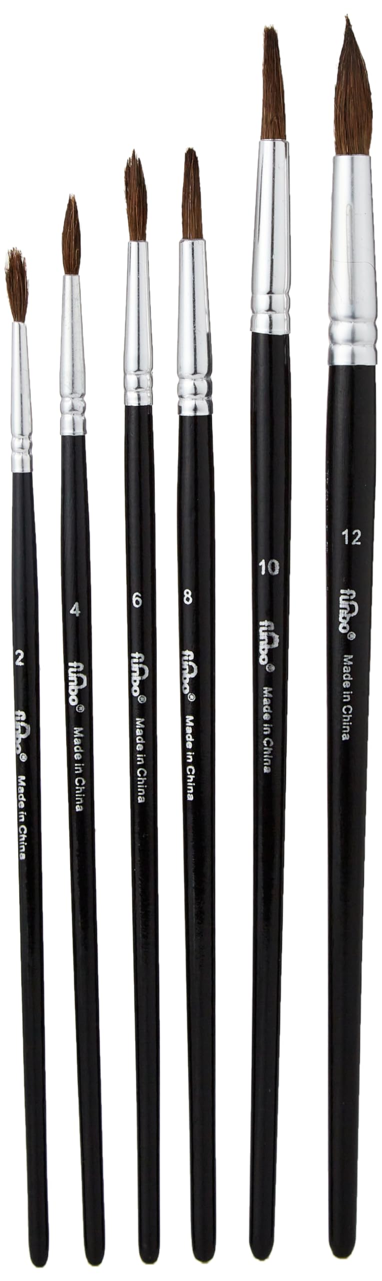 Funbo Short Round Water Color Brush Set 6-Pieces, No. 2, 4, 6, 8, 10, 12