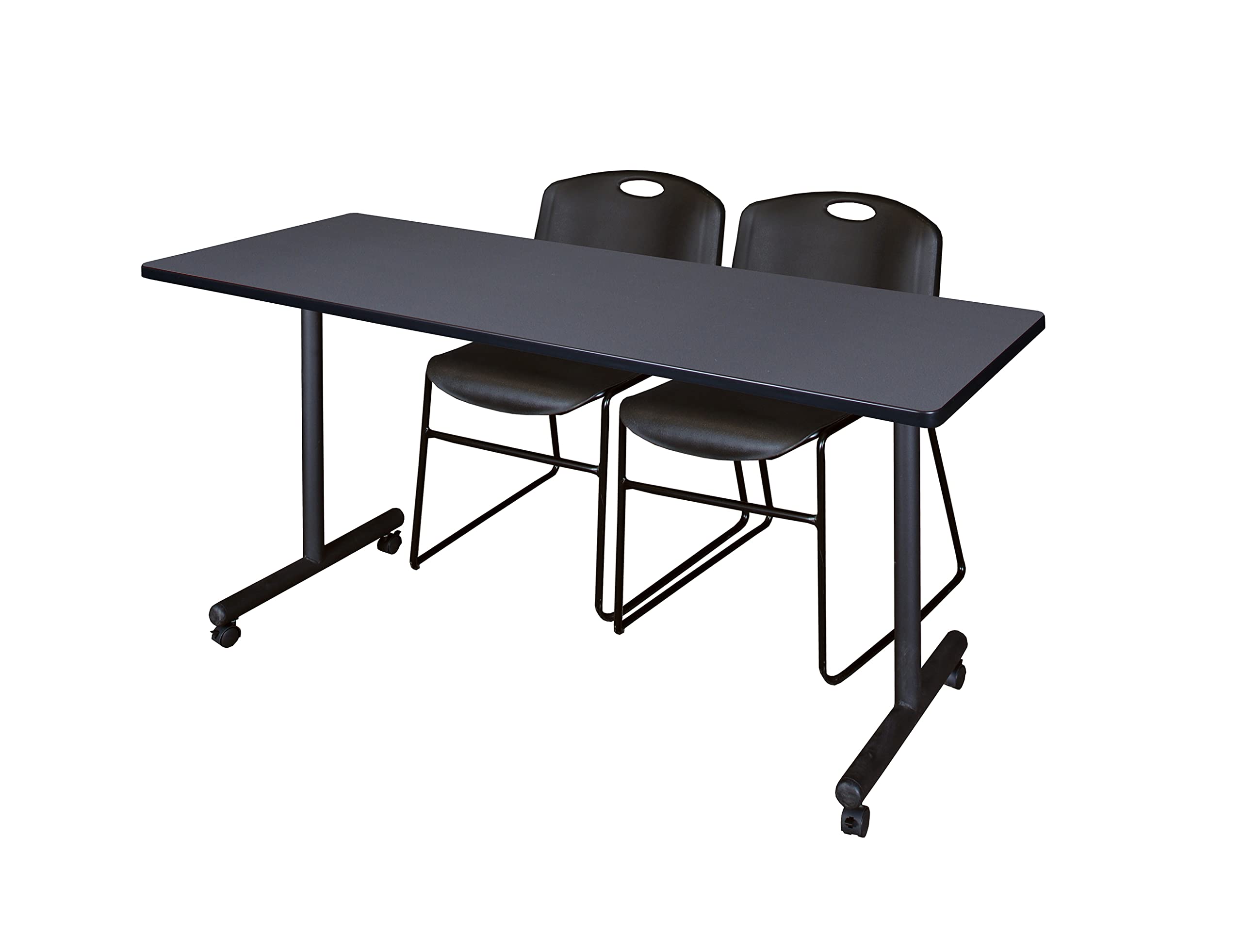 Regency Kobe 66 x 24 in. Mobile T-Base Training Table- Grey, 2 Zeng Stack Chairs- Black