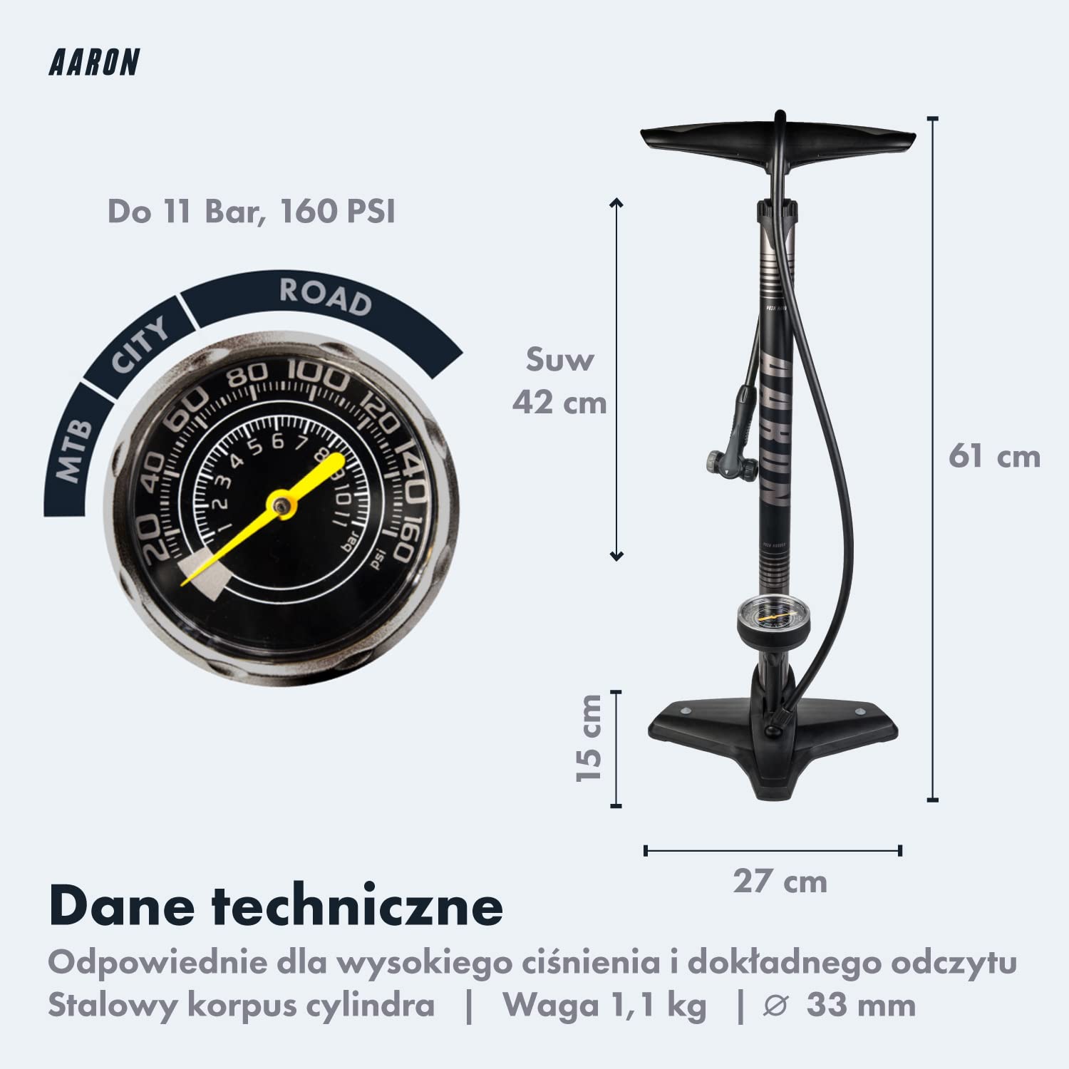 AARON - Sport One Bike Pump - z manometrem/do wszystkich typów zaworów/wysokociśnieniowych - z igłą balonową - do roweru elektrycznego/MTB, roweru wyścigowego/Inne
