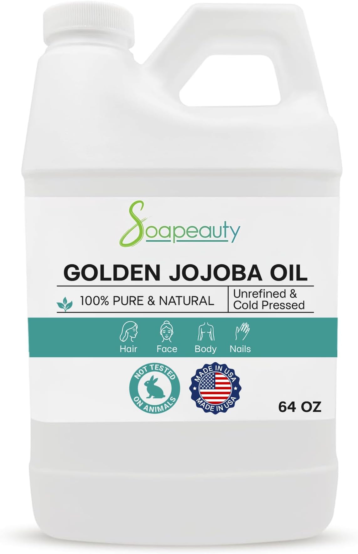 Soapeauty Golden Jojoba Oil | 100% Pure & Natural | Unrefined, Cold Pressed, Hexane Free | Moisturizing Oil for Skin, Face, Hair & Nails - 64 Fl Oz