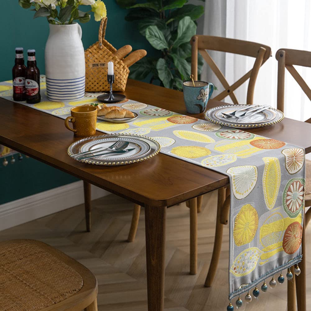 Tapetes para Mesa,Camino De Mesa Gris Camino De Mesa De Navidad Borlas con Estampado De Limón Mantel para Sala De Estar Mesa De Comedor De Navidad Fiesta Decoración Navideña, 34X180Cm