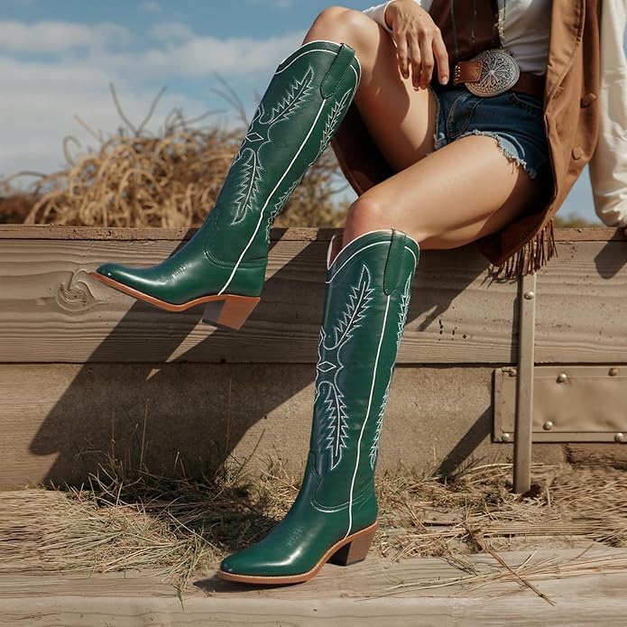 Image of GORBINETI Women Cowboy Boots Mid Calf Cowgirl Western Boots Embroidered Suede Pull On Almond Toe Chunky Heel