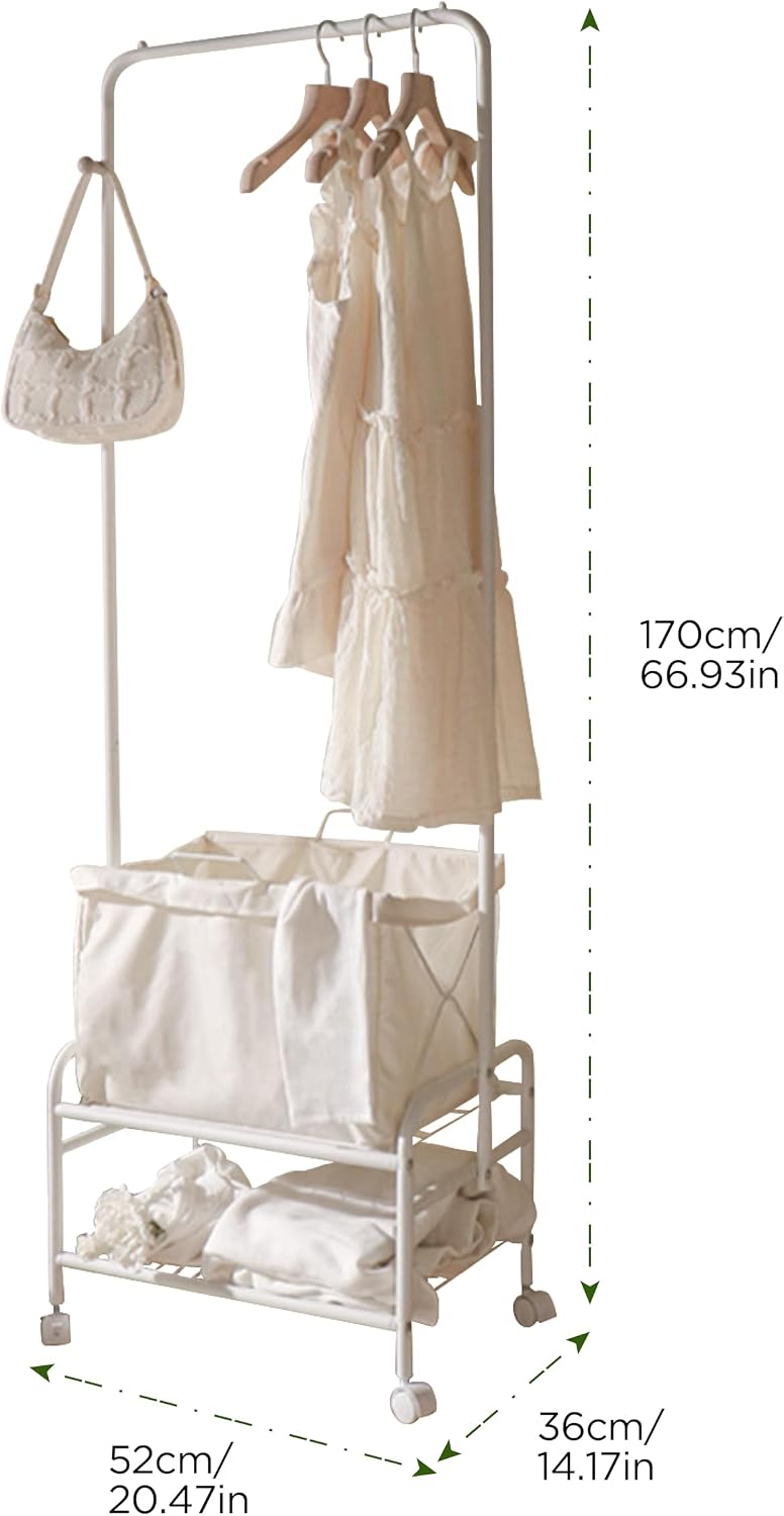 Rolling Laundry Cart with Clothes Rack, Wire Laundry Hamper Basket with Wheels for Sorter, Heavy Duty Storage Metal Frame Dirty Clothes Shelf for Hotel, Home, Closet, Dorm, White (Foldable Fabric Bin)