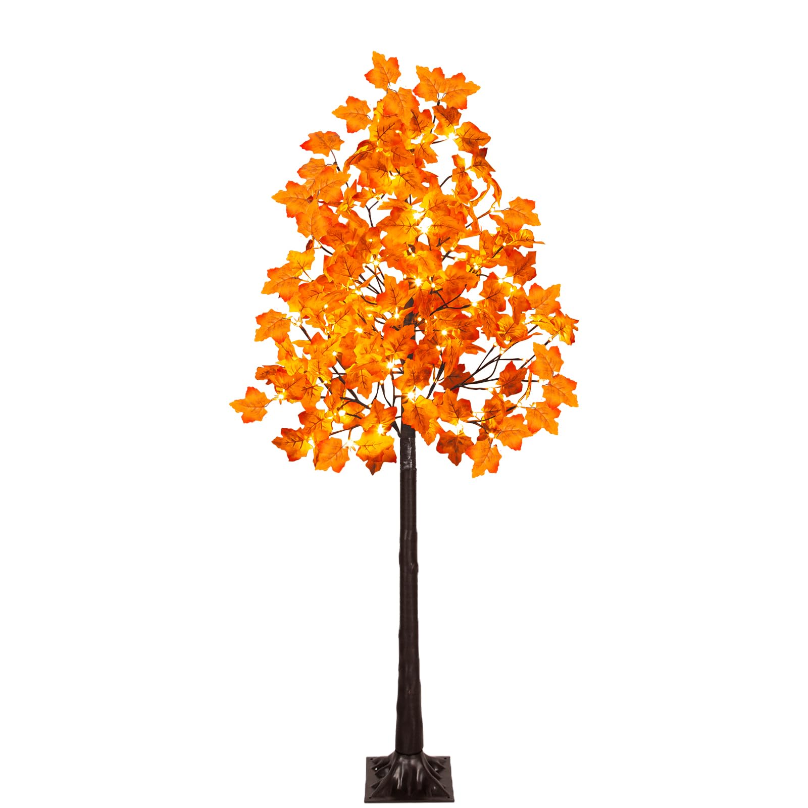 5FT Artificial Lighted Maple Tree, 96LED Fall Tree with Warm White Lights and Maple Leaves for Halloween, Thanksgiving, Autumn Harvest Outdoor Indoor Home Decor, Orange