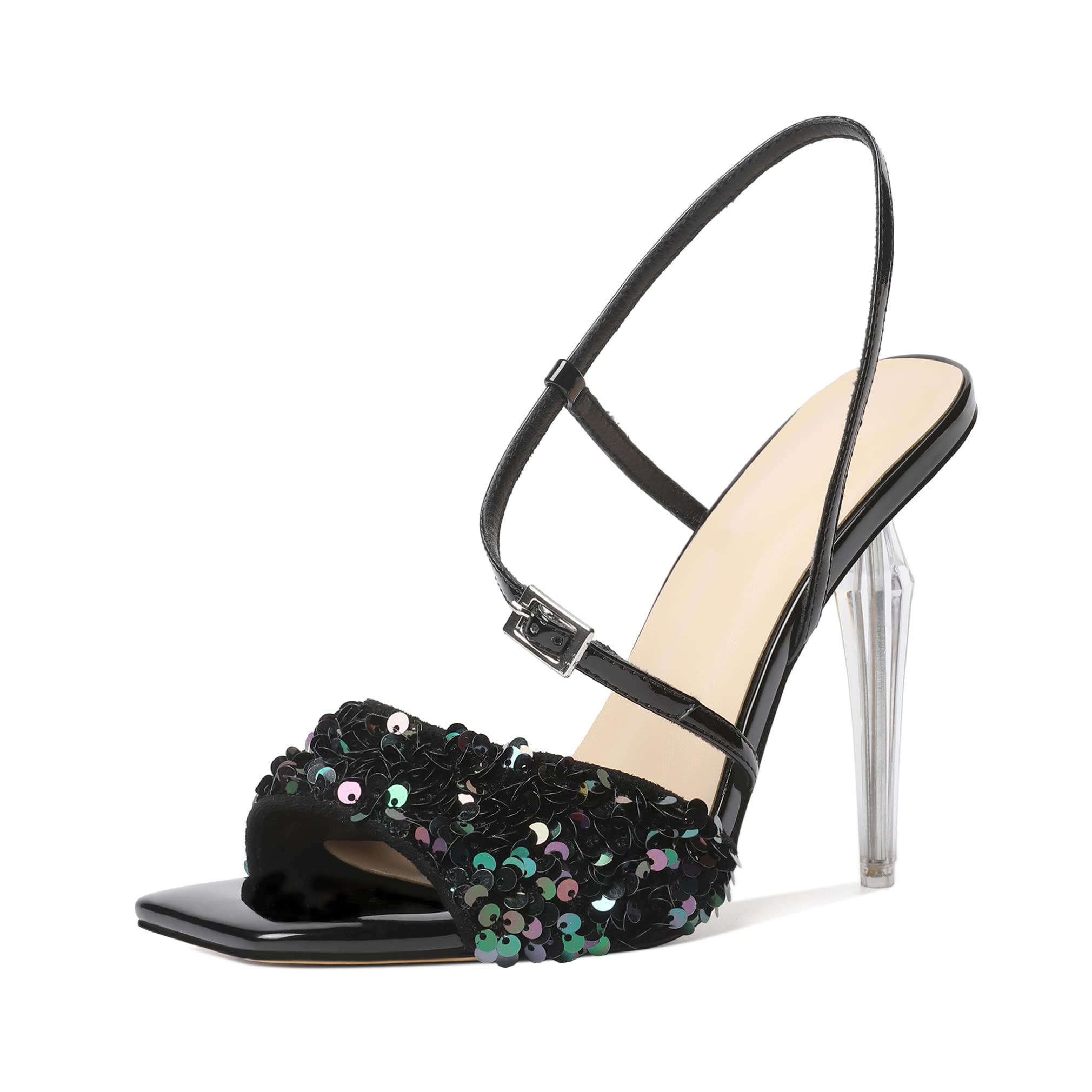 Zamikoo Women's High Heel Sandals, Ankle Strap Open Toe Heels, Square Toe Clear Stiletto Heeled Sandals 4 Inch