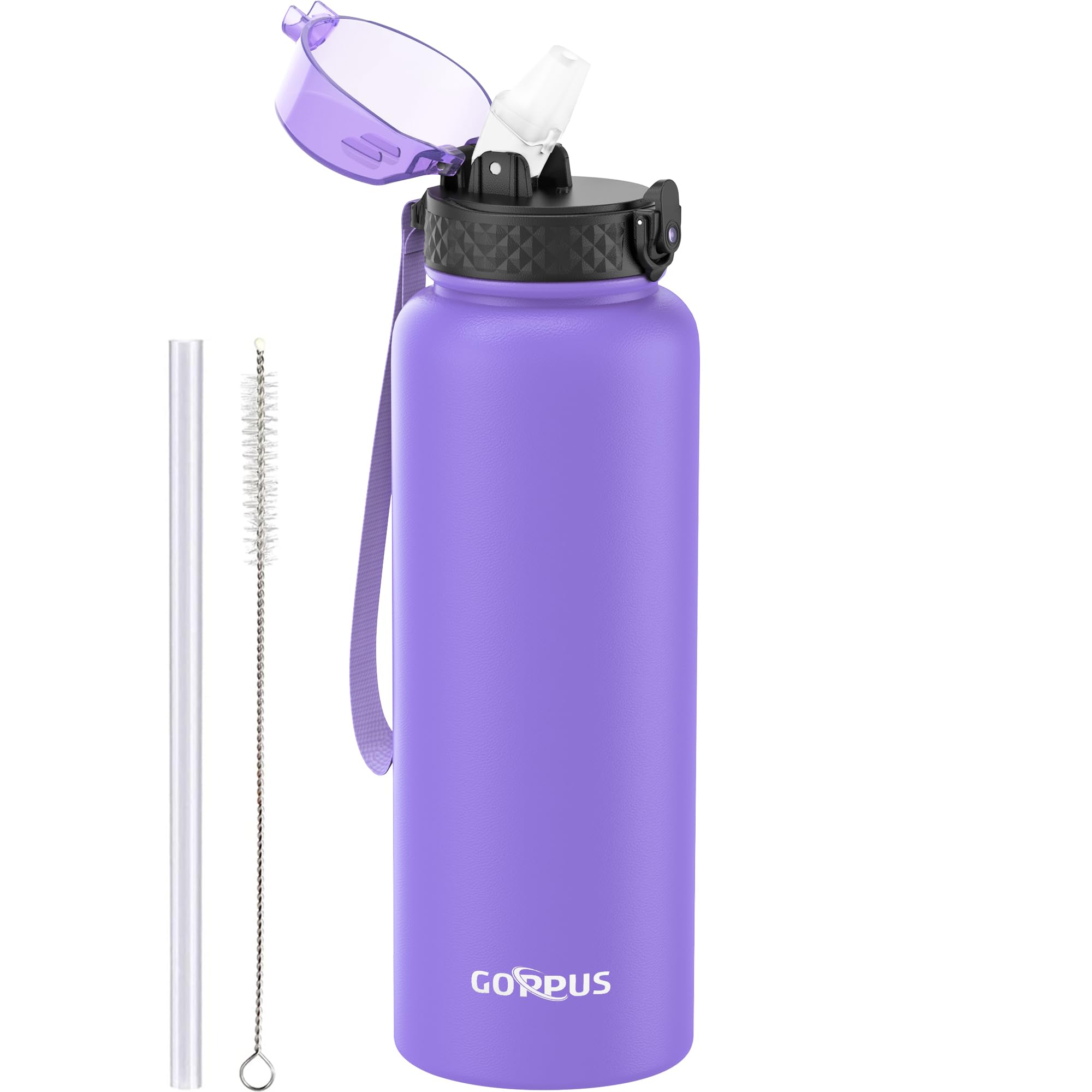 GOPPUS 1.2L/40oz Stainless Water Bottle with Straw Double Wall Insulated Bottles with Strap Large Vacuum Thermal Flask Leakproof Keep Cold Drinks Bottles with Flip Top Lid for Men Women BPA Free