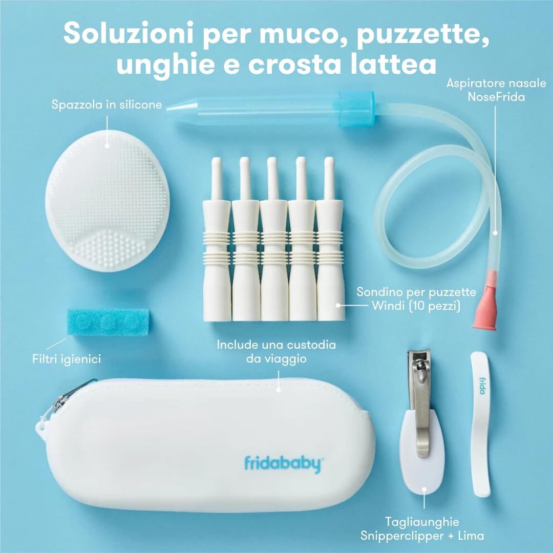 Frida Baby - Primo kit di cura per neonati: Include SnotSucker, Filtri igienici monouso, Windi, Snipper Clipper, Spazzola in silicone e lima curva