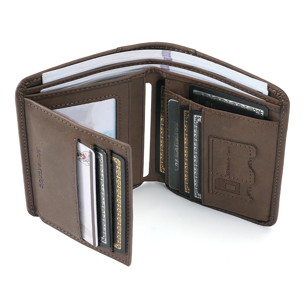 Men's wallet, vintage cowhide, large capacity, short three fold style, open closure, RFID shielding protection credit card holder, Khaki, 7.87 x 3.94 x 0.98 inches, Retro-picture-42