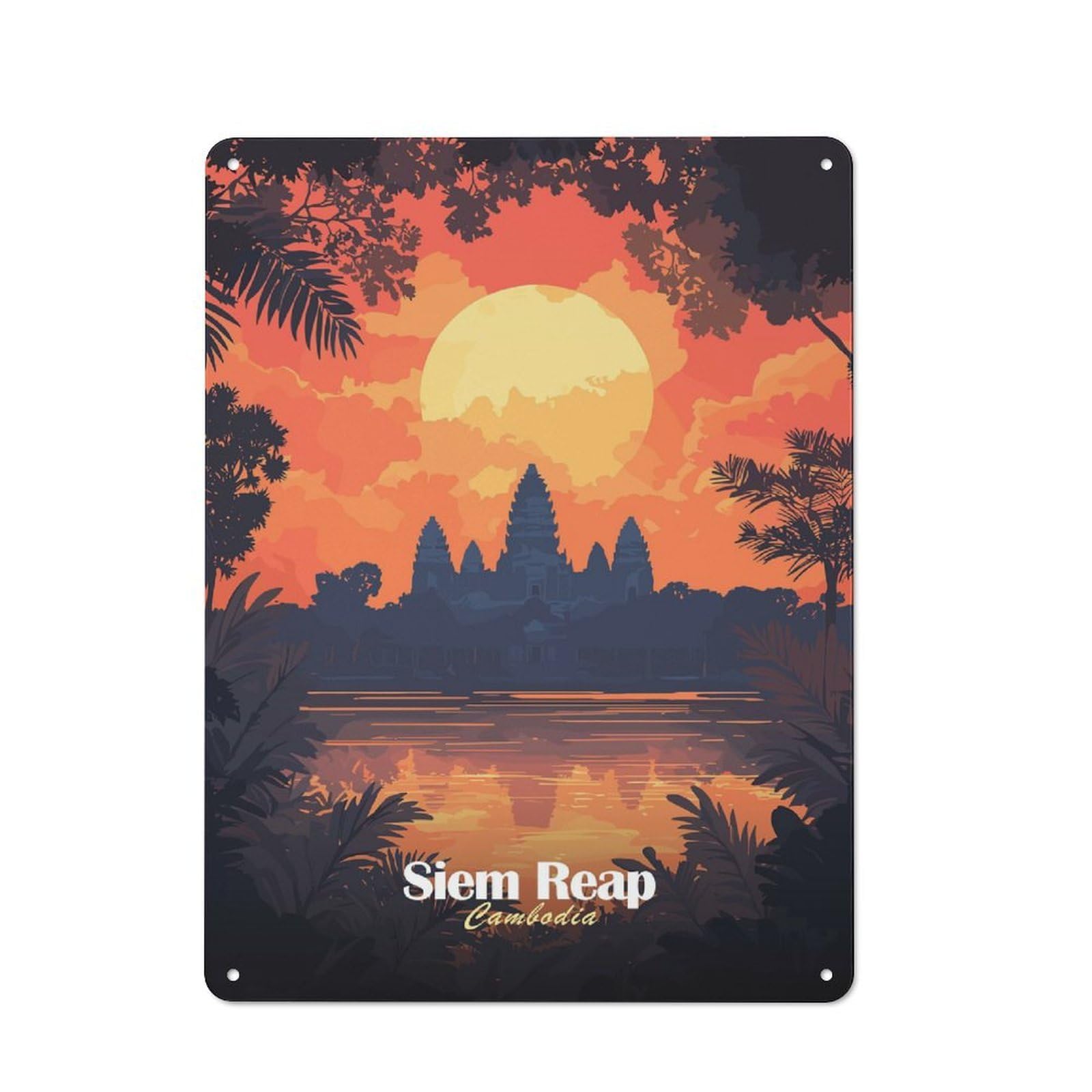 Junmoney Style-15 For Home Office Or Studio, Angkor Wat Sunset Rustic Tin Sign 40X30cm, For Vintage Wall Decor Fans, For Cafés, Pubs And Restaurants