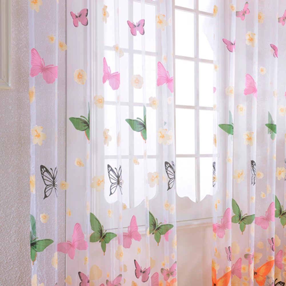 ELEOPTION Decorative Window Treatments Curtains Linen Look Transparent Curtain Voile Curtains for Bedroom, Living Room, Small Windows Curtain Set of 2 (52" W x 95" L Inch Per Panel, Butterfly-B)