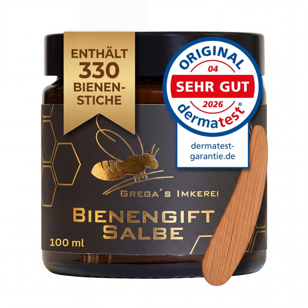 Gregas Bienengiftsalbe 100 ml stark konzentriert mit „Sehr gut" im Derma Test. Sanfte Entspannung für beanspruchte Muskeln & Gelenke - je Dose ca. 330 Bienenstiche (1x 100 ml (1er Pack)