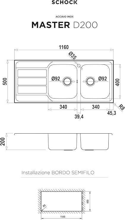 Schock Master D200 DX Recessed Sink, Rectangular, Stainless Steel, 2 Breasts, Rectangular)