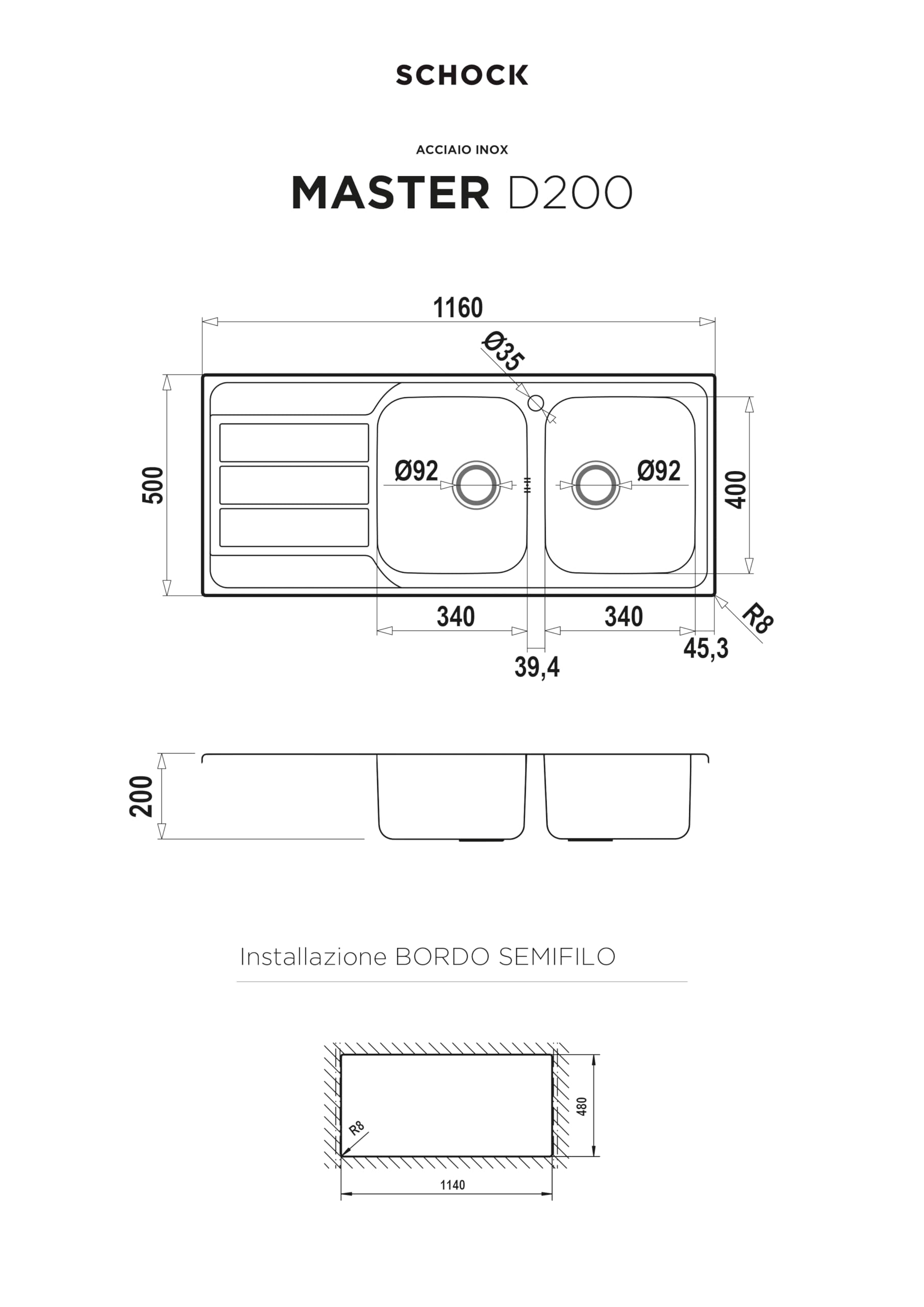 SCHOCK | Fregadero de cocina Master D200 de 2 senos con escurridor de acero inoxidable, junta preinstalada, 1160 x 500 mm