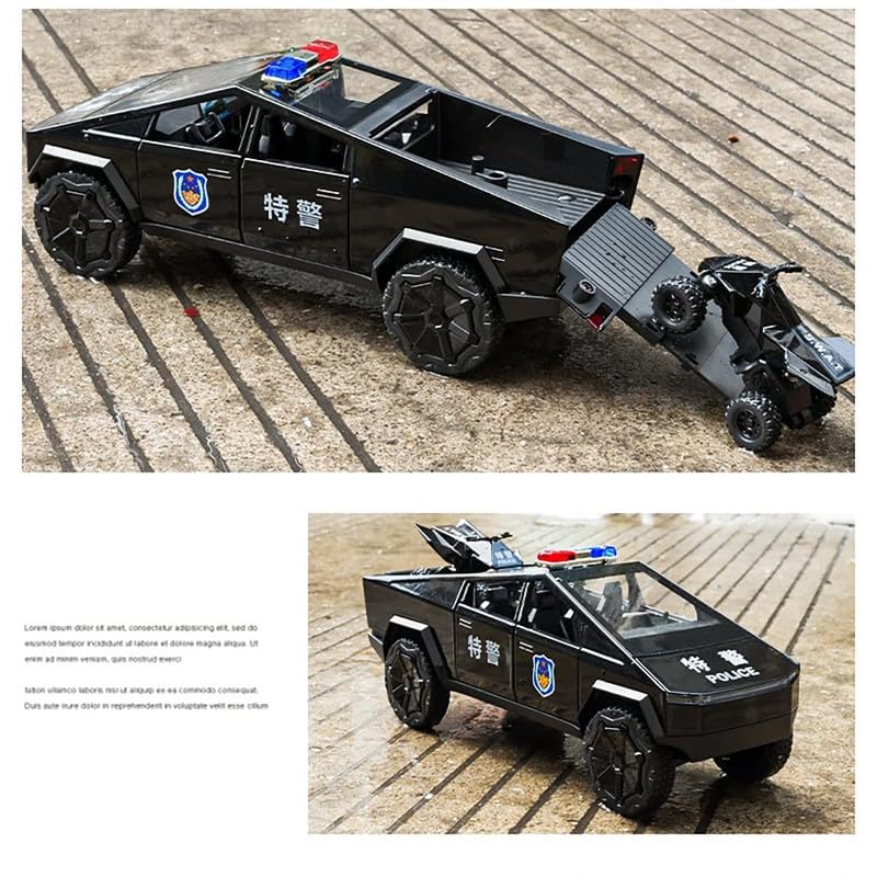 Image of Model 1:24 Police Tesla Truck Model Alloy Metal Pull Back Die-cast Car Openable Doors with Sound and Light Vehicle Car Toy for Kids - Multicolor