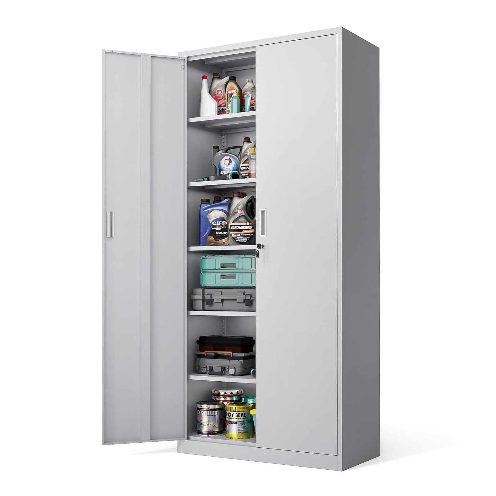 Karl home 180CM Tall Steel Storage Cabinet, Lockable 2 Door with 5 Adjustable Shelves, Heavy Duty Metal Cupboard for Home/Garage/Office, Easy Assemble (White)