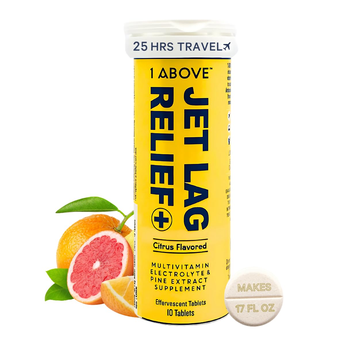 1Above Anti Jet Lag, Energy & Immunity Recovery Effervescent Drink Tablets for Travel, Work and Party. Pycnogenol, Vitamins & Electrolytes. 10 Count (1 Tube) - Citrus
