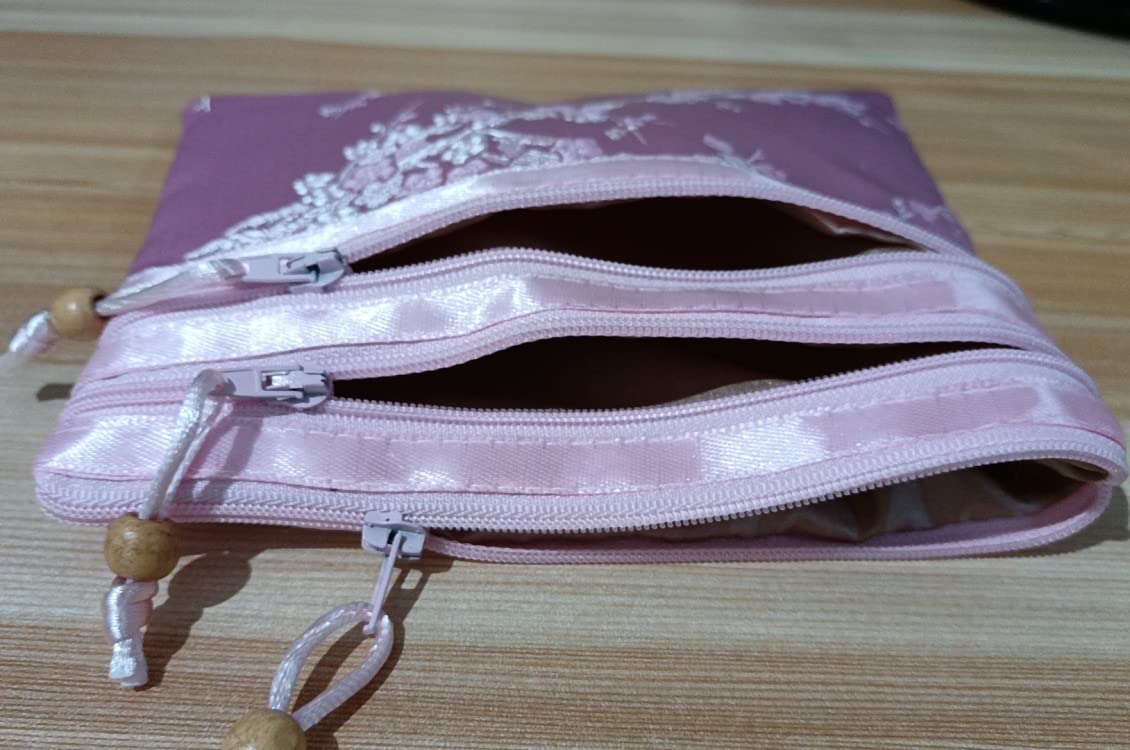 Only My Live Home Portable Large Silk Brocade Multi Zipper Pouch Jewelry Storage Bags for Travel Cosmetic Makeup Packaging 3 Zip Purses (pink (pattern random))