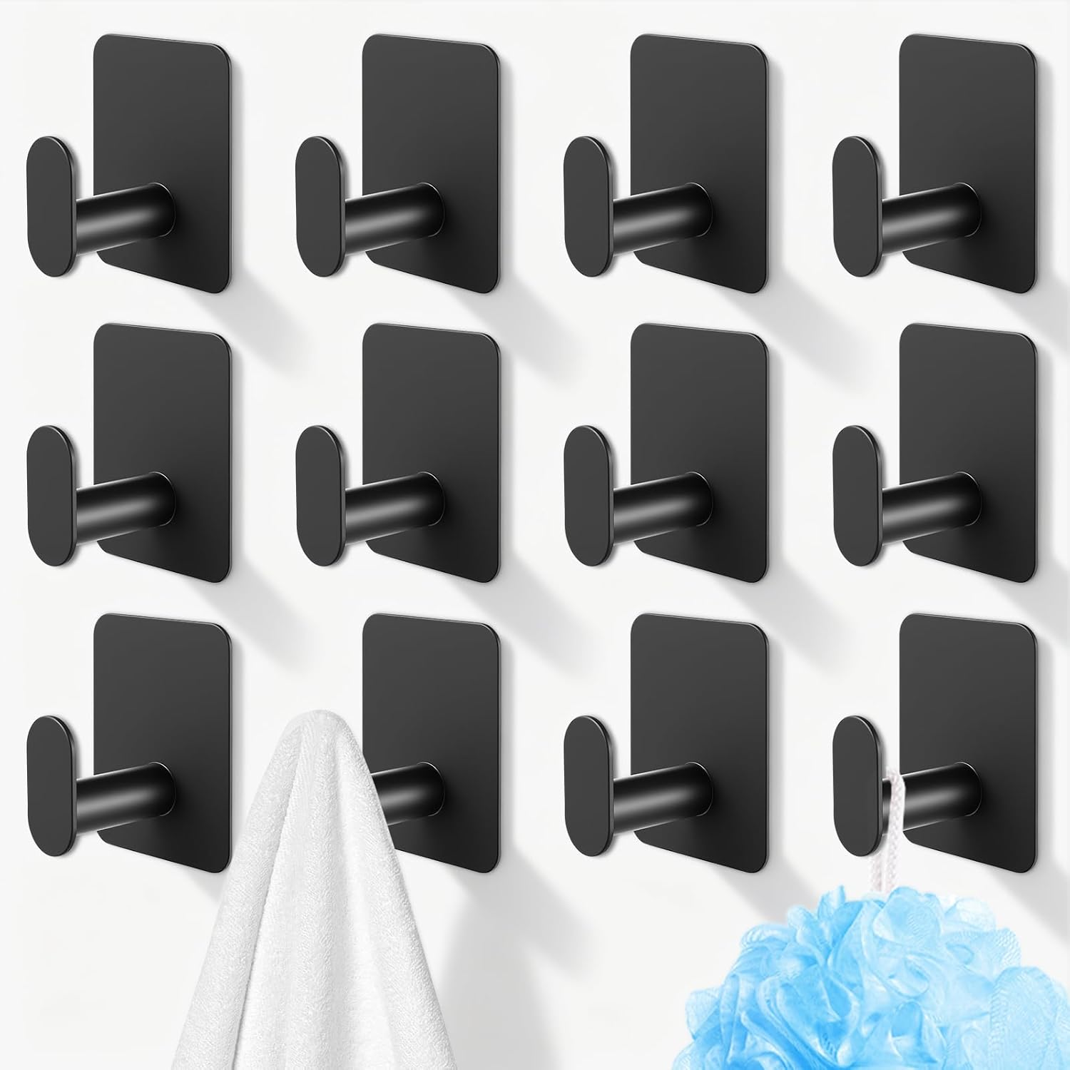 VZZNN Stainless Steel Adhesive Hooks 12 Pack, Black Wall Hooks for Bathroom, Kitchen, Coat & Towel – No-Drilling Door Hanger for Home Organization