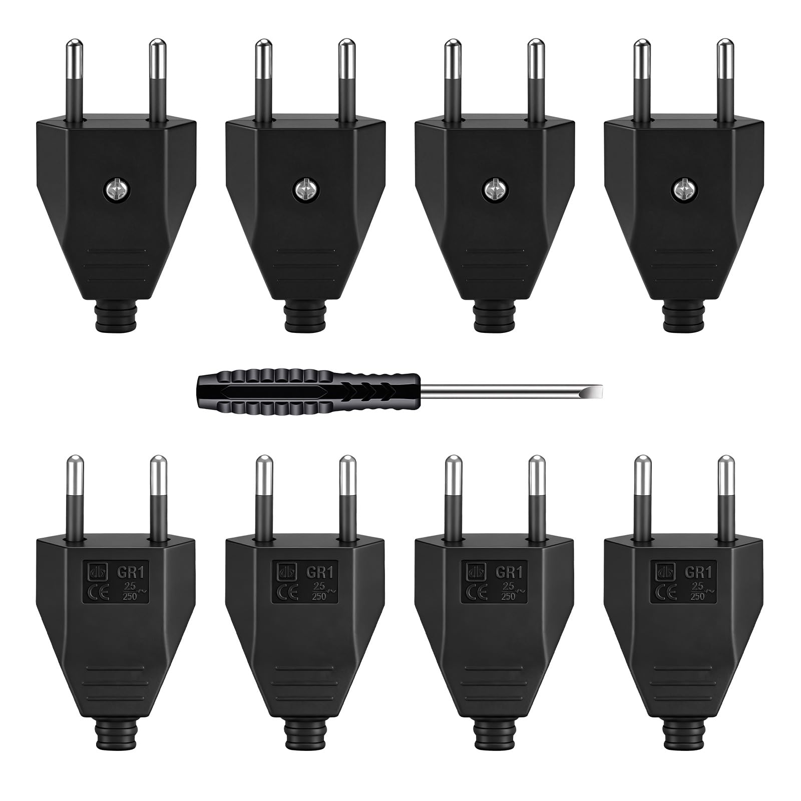 Starvortex 8 Pezzi Spine Europee Piatte, Spine Elettriche da 250V 2,5 A, Spine Piatta Salvaspazio con Cacciavite Incluso, Colore Nero. Adatte per Elettrodomestici e Uso in Viaggio