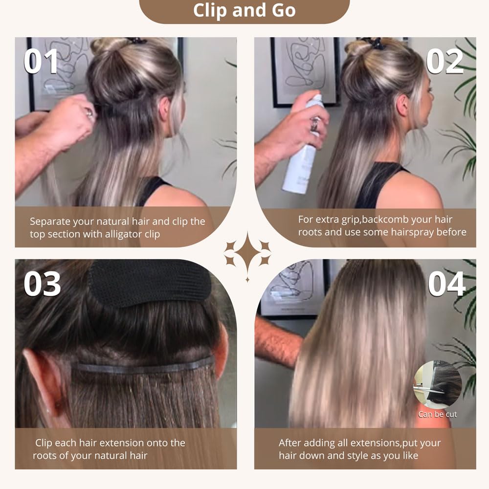 Seamless Clip In Hair Extensions Real Remy Human Hair,14 Inch 120g 8pcs,Invisible PU Skin Weft, Balayage Chocolate Brown to Caramel Blonde, Full Head Straight Clip Ins for Short Hair Volume