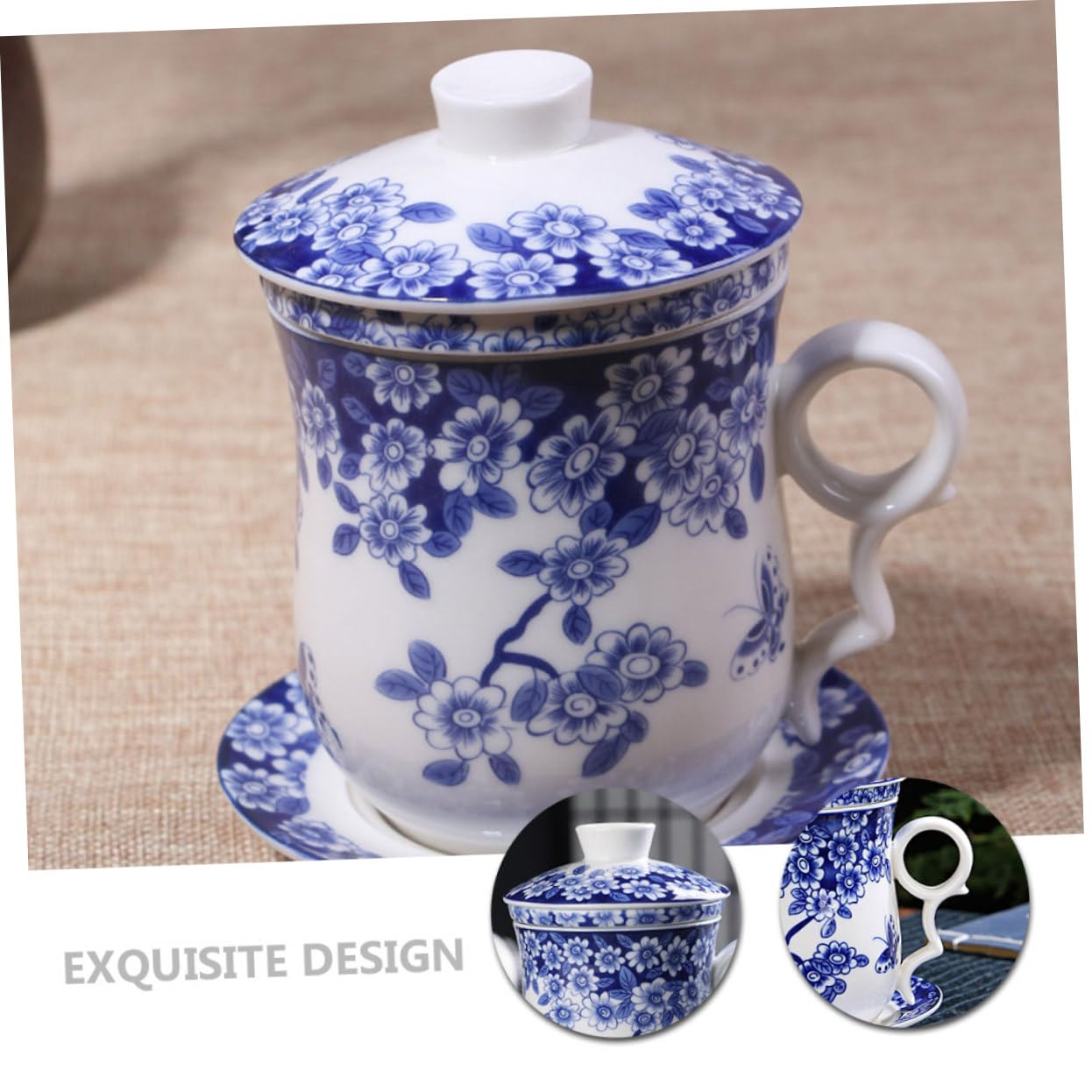 Teetassenset Blauer Traditionelles Chinesisches Keramik mit Sieb Untertasse aus Isolierend und Rutschfester Boden für Teeverkostung