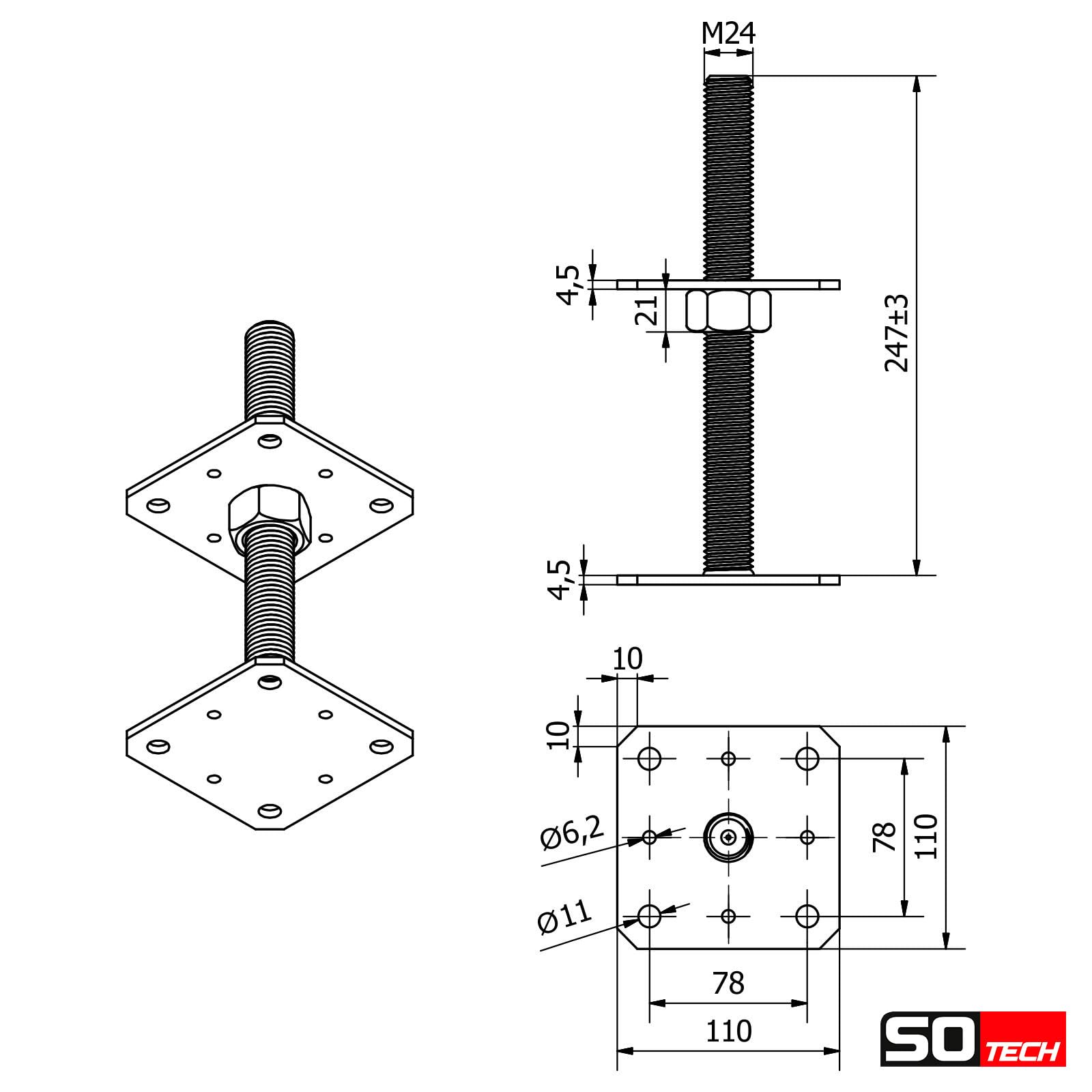 SOTECH Juego de 4 soportes para postes 110 x 110 x 250 mm rosca M24 soporte de acero galvanizado en caliente base de poste regulable en altura para atornillar resistente a la intemperie