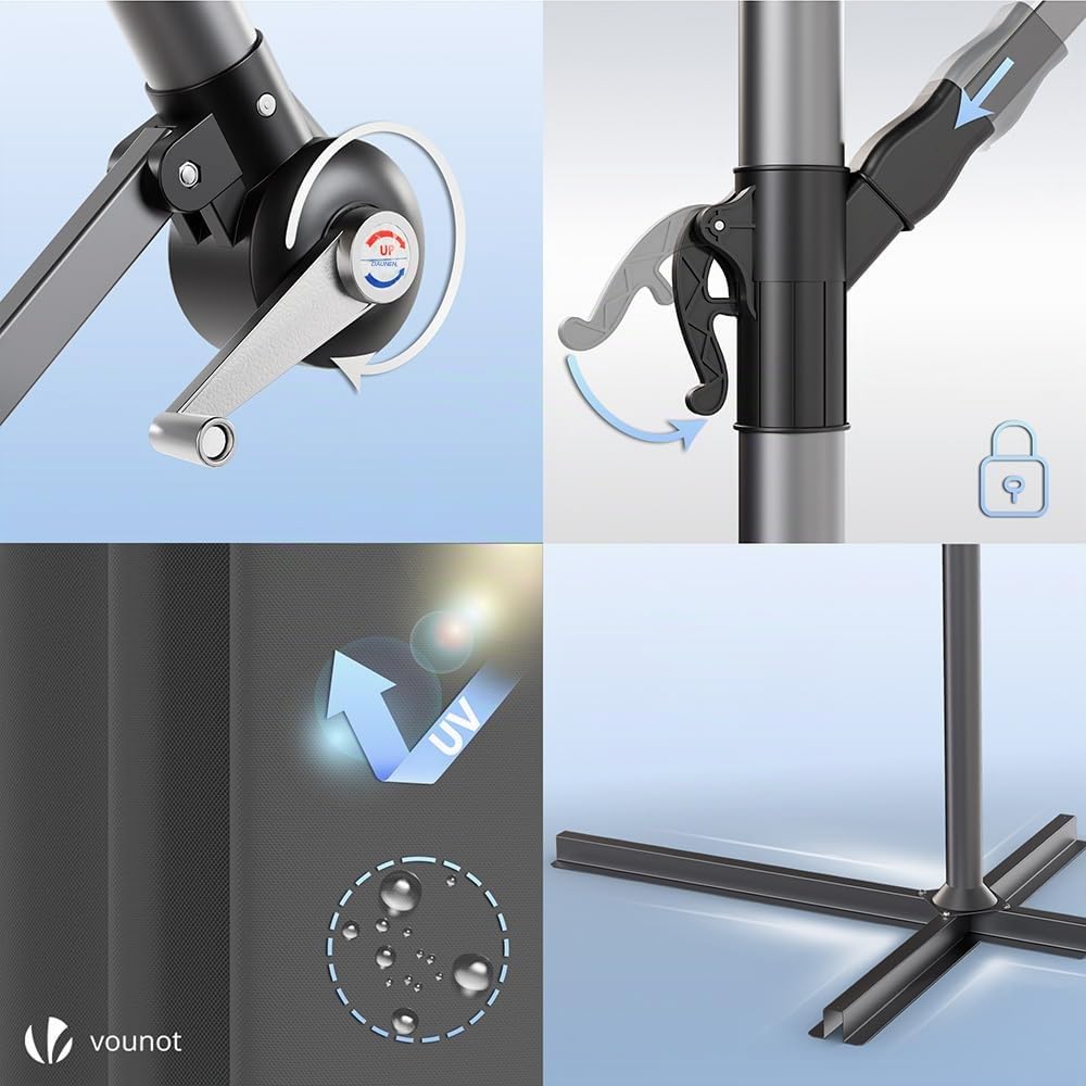 VOUNOT Ampelschirm 300 cm, Sonnenschirm mit Ständer, Kurbel, Windsicherung und Abdeckung, 360° drehbar & neigbar, Stabiler Gartenschirm für Terrasse, Balkon & Garten, Marktschirm UV-Schutz, Grau