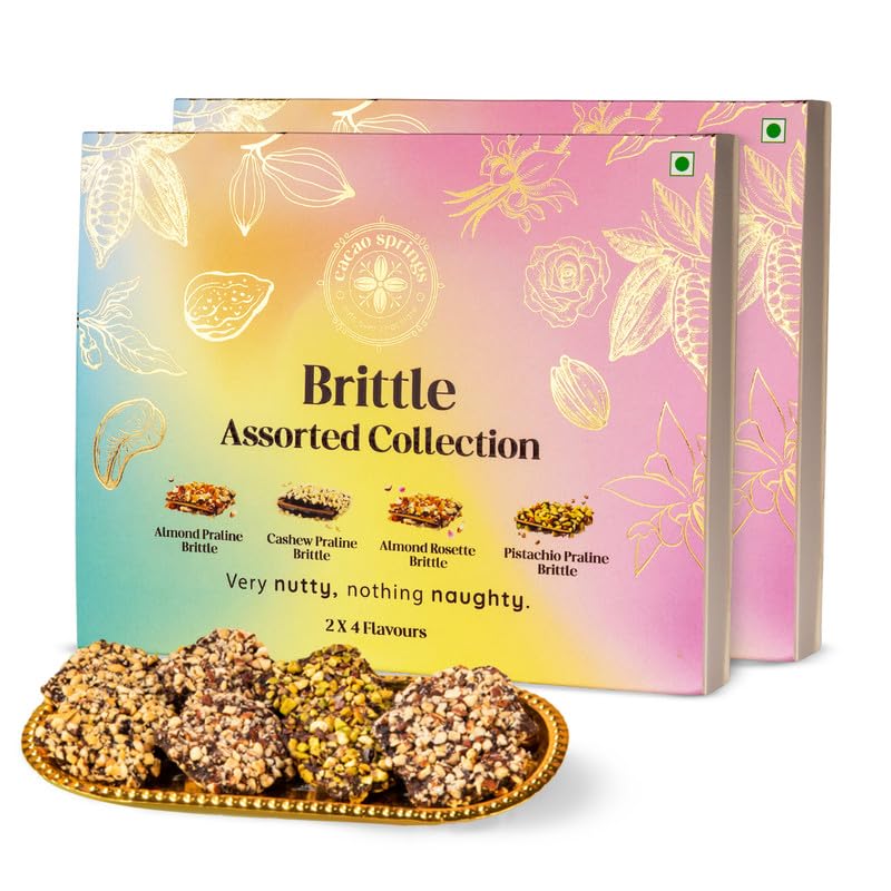 Image of Cacao Springs Assorted Brittle Collection Choco Box (Almonds, Cashew, Pista & Rose), Combo Choco & Nut Delicacy Treats, Premium Gift Hamper for Christmas Gifts, 8 Pieces in Each Box, 2 Boxes, 224gm