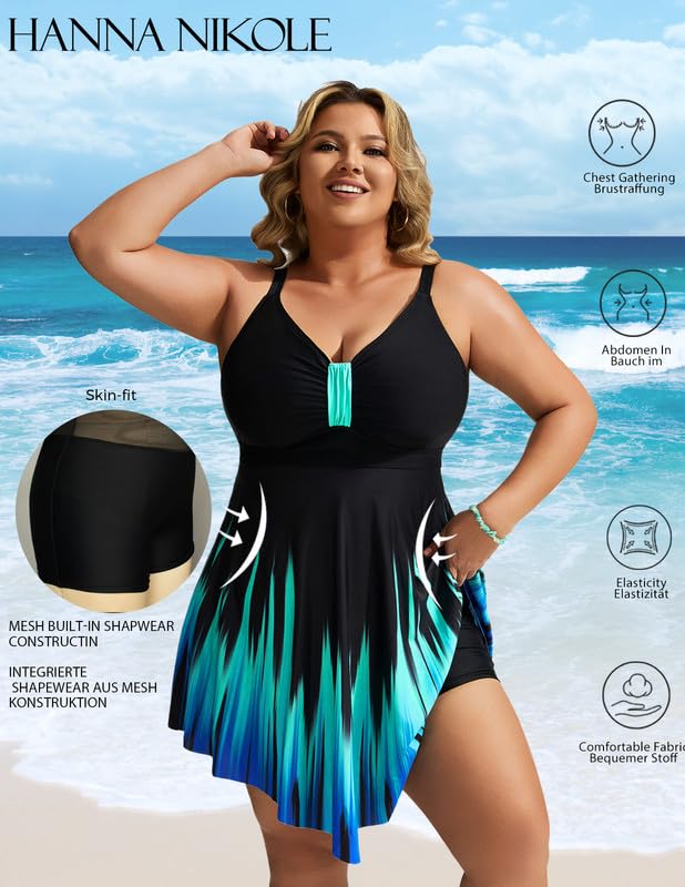 Hanna Nikole Badeanzug Damen Mit Cups GroßE GrößE Badekleid Einteiler Bauchweg Badeanzug Shape Bademode GerüSchter Schwimmanzug Weiche Strandmode Mit Badeshorts &Verstellbarer Schultergurt 5