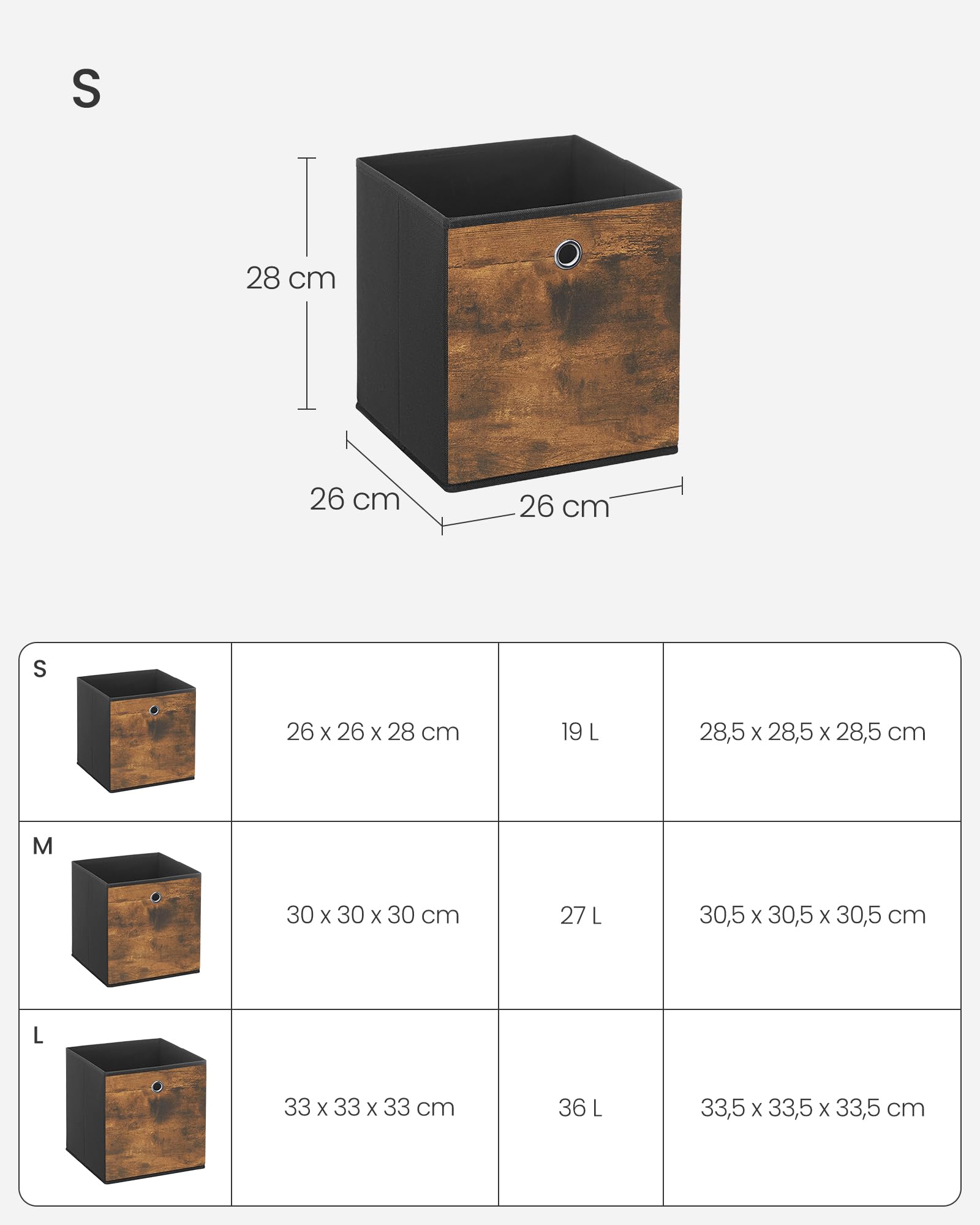 SONGMICS Pudełko do przechowywania, zestaw 8, Pudełka do przechowywania, Pudełko składane, 26 x 26 x 28 cm, Pudełko materiałowe, do półki Cube, Organizer na ubrania, Vintage Brown-Black RFB826B01