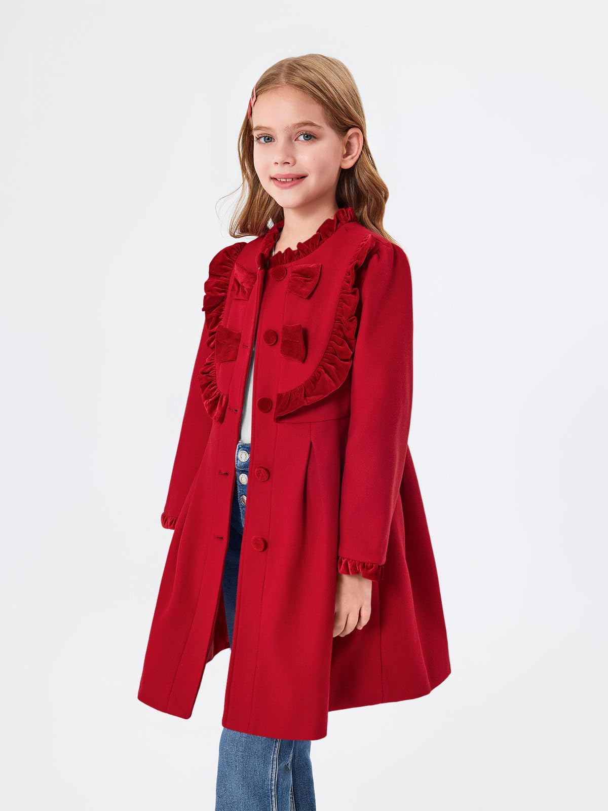 Haloumoning Cappotto invernale da bambina con volant e bottoni, con fiocco, lungo, con tasche, 3-12 anni
