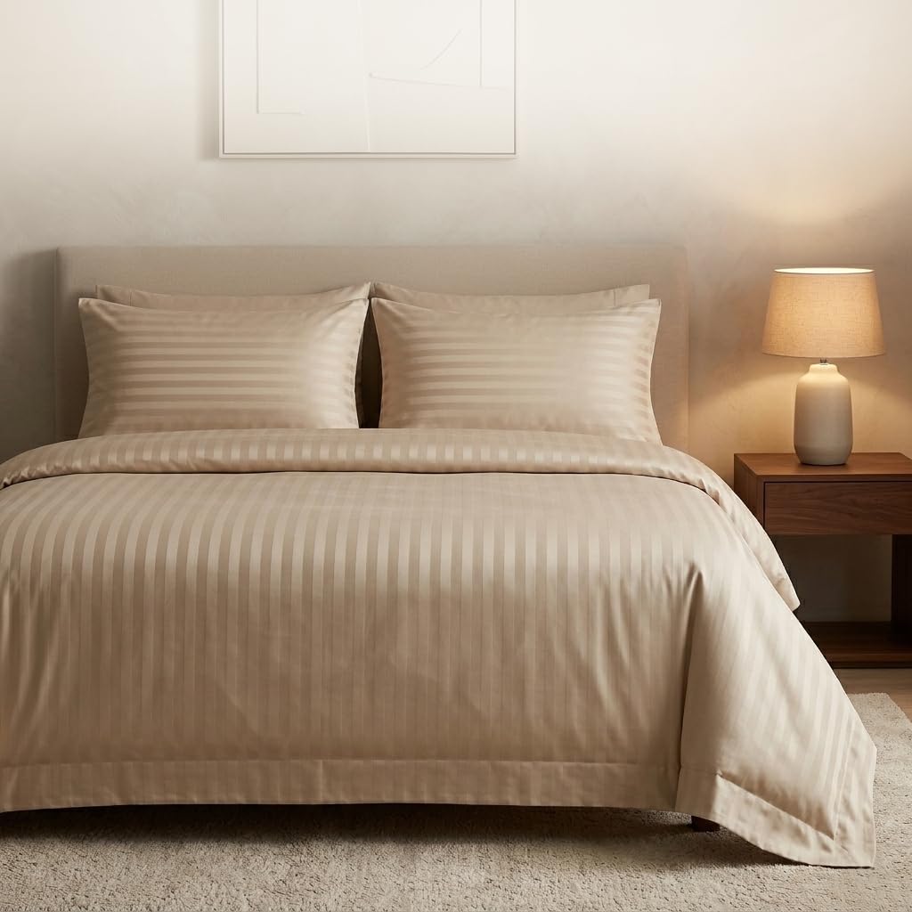 Casabella Beige Satin Stripe Duvet Cover Sets, Luxurious Single Bedding With Satin Stripes,Single Duvet Cover Set,Hotel Quality Single Duvet Set & Pillowcases, Single Bedding Sets