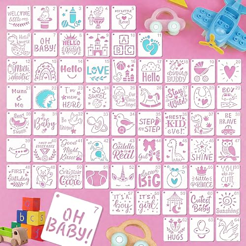 64 Stück Baby Schablonen Set, Süße Baby Shower, Geburtstags- & Kinderzimmer Design, 7,62x7,62 cm, Wiederverwendbare Schablonen für DIY Bastelprojekte, Wandkunst & Scrapbooking