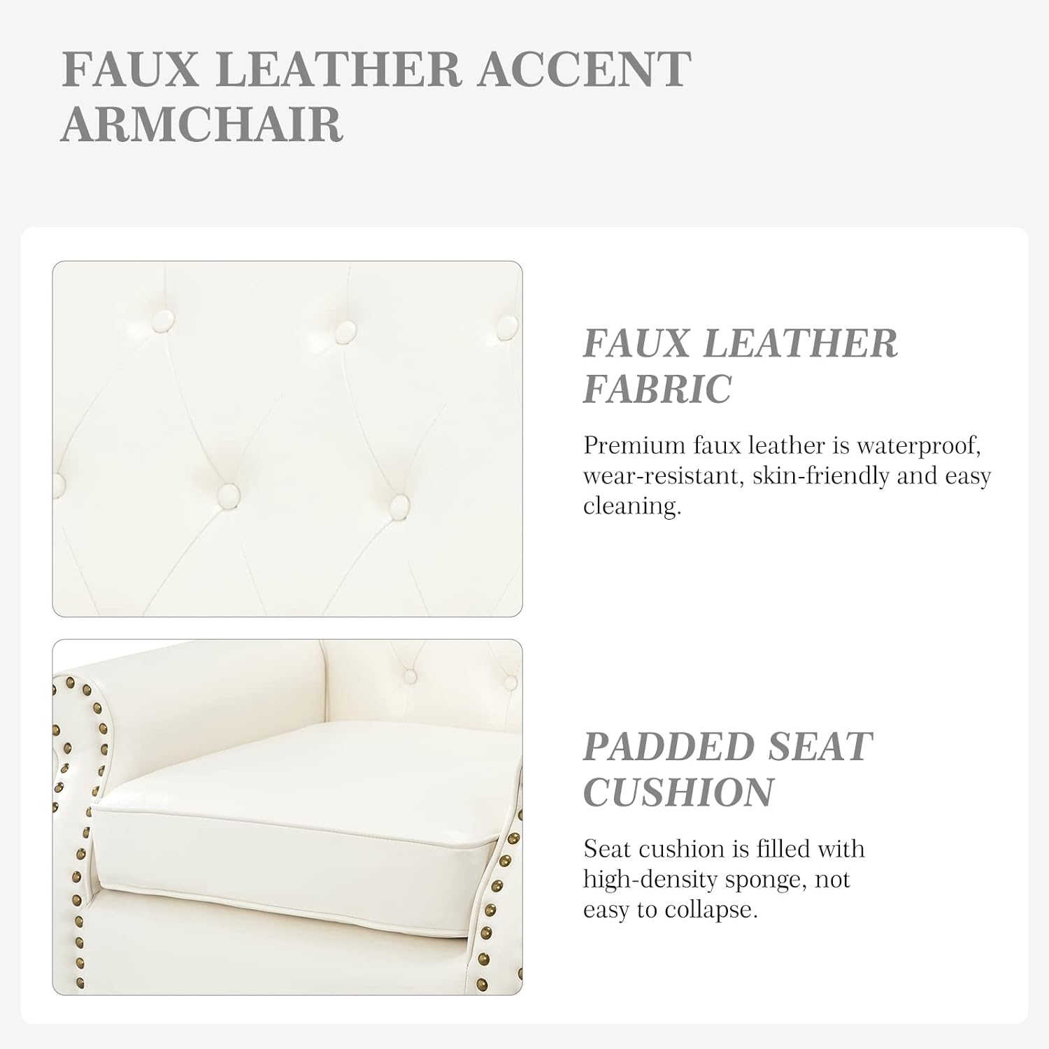 HULALA Home Faux Leather Accent Chair with Solid Wood Legs, Mid-Century Modern Comfy Single Sofa with Soft Cushion, Armchair Button Tufted Back for Living Room, Ivory