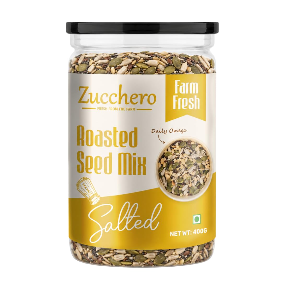 Zucchero Roasted & Salted Seed Mix - 6 in 1 Super Crunchy Mix (400g) | Healthy Snack | Omega-3 | Hi-Protein | Hi-Fibre | Roasted Chia, Pumpkin, Sunflower, Watermelon, Sesame, Flax | Oil-Free Roasting| No preservatives |-image-4