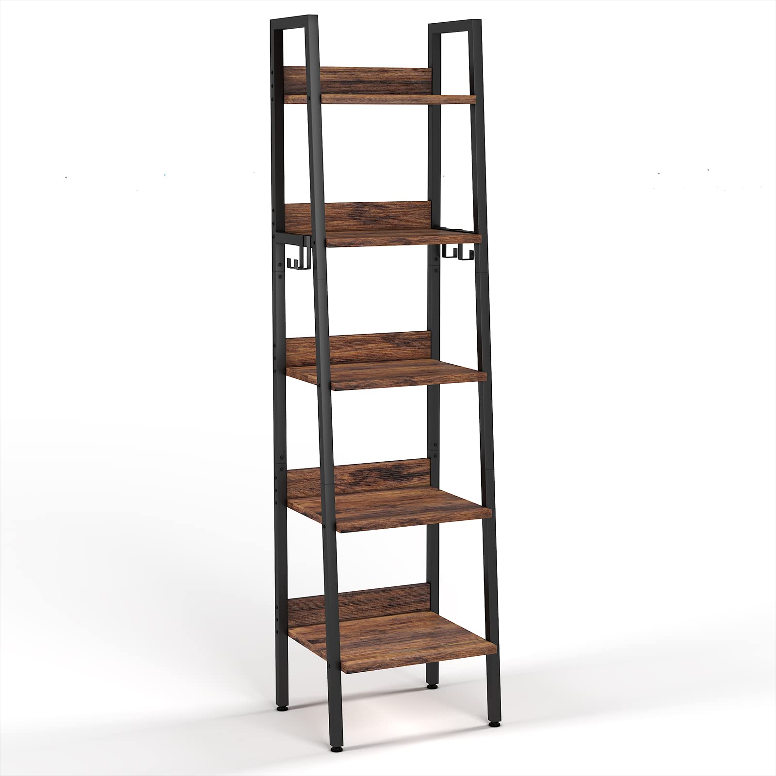 CJMM 5段ボール型本棚 台形本棚 4個フック付き、工業本棚、独立式展示植物棚、リビングの金属フレーム、小スペース、カントリーブラウン  幅約40×奥行き約36×高さ約170cm