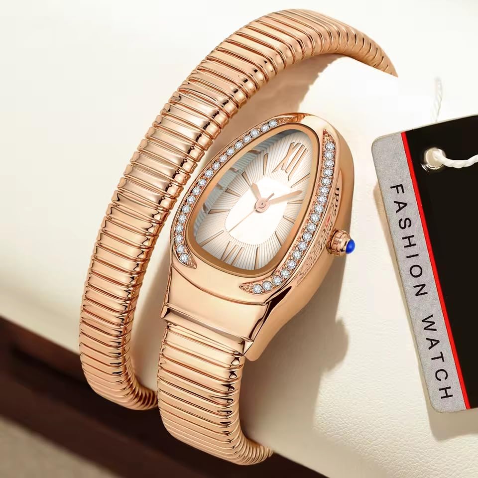 Image of Shocknshop Analog White Dial Diamond-Embellished Snake Spiral Bracelet Watch for Women -WCH166