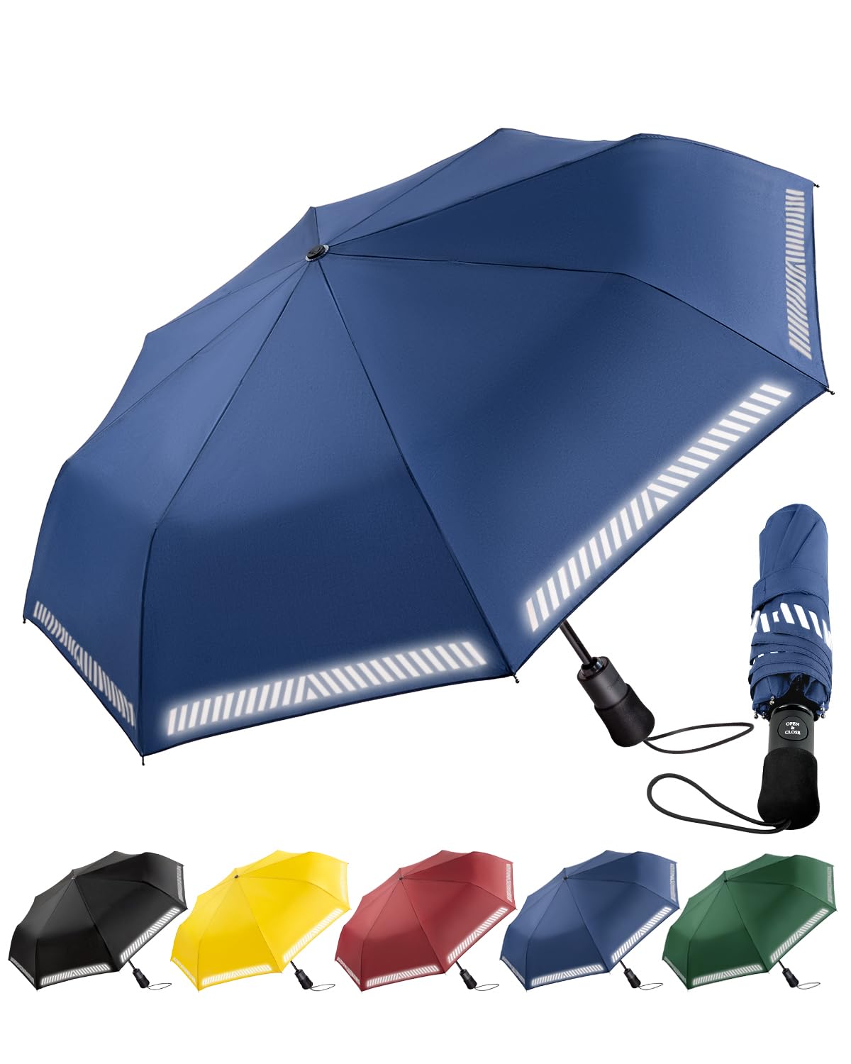 Chakipee Regenschirm Sturmfest Taschenschirm mit Reflexstreifen Umbrella Kompakter Reise Winddichter Automatik Auf und Zu Vordach 8 Rippen für Herren Damen Kinder