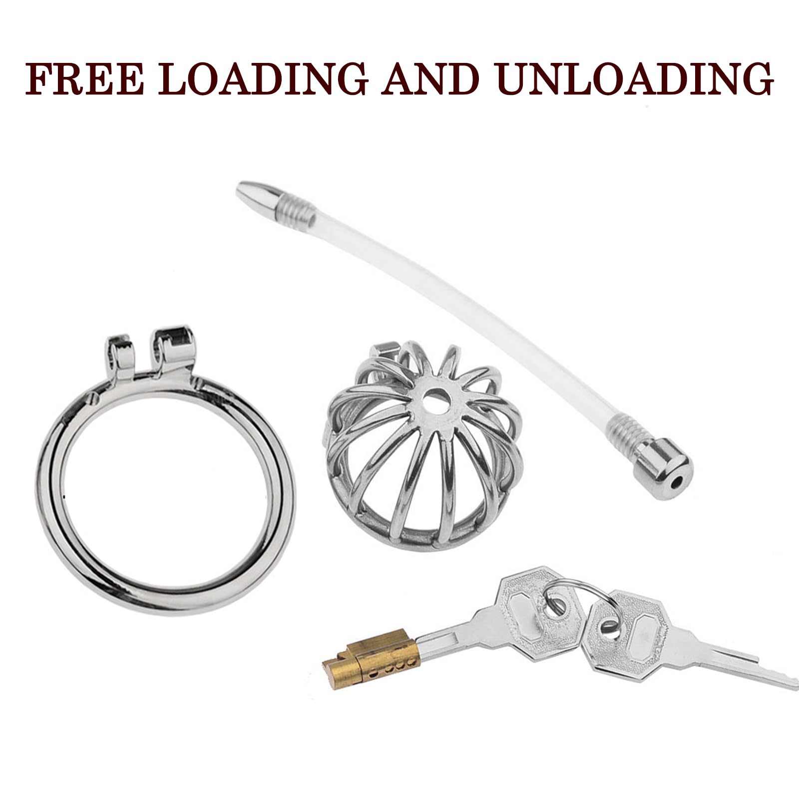 BDSMLOVE Gabbia di castità in acciaio inossidabile, Chastity cage con Catetere cavo, gabbia castità per uomo, cock cage per Prevenire L'erezione, uomo Castità Set di anelli (45 mm)