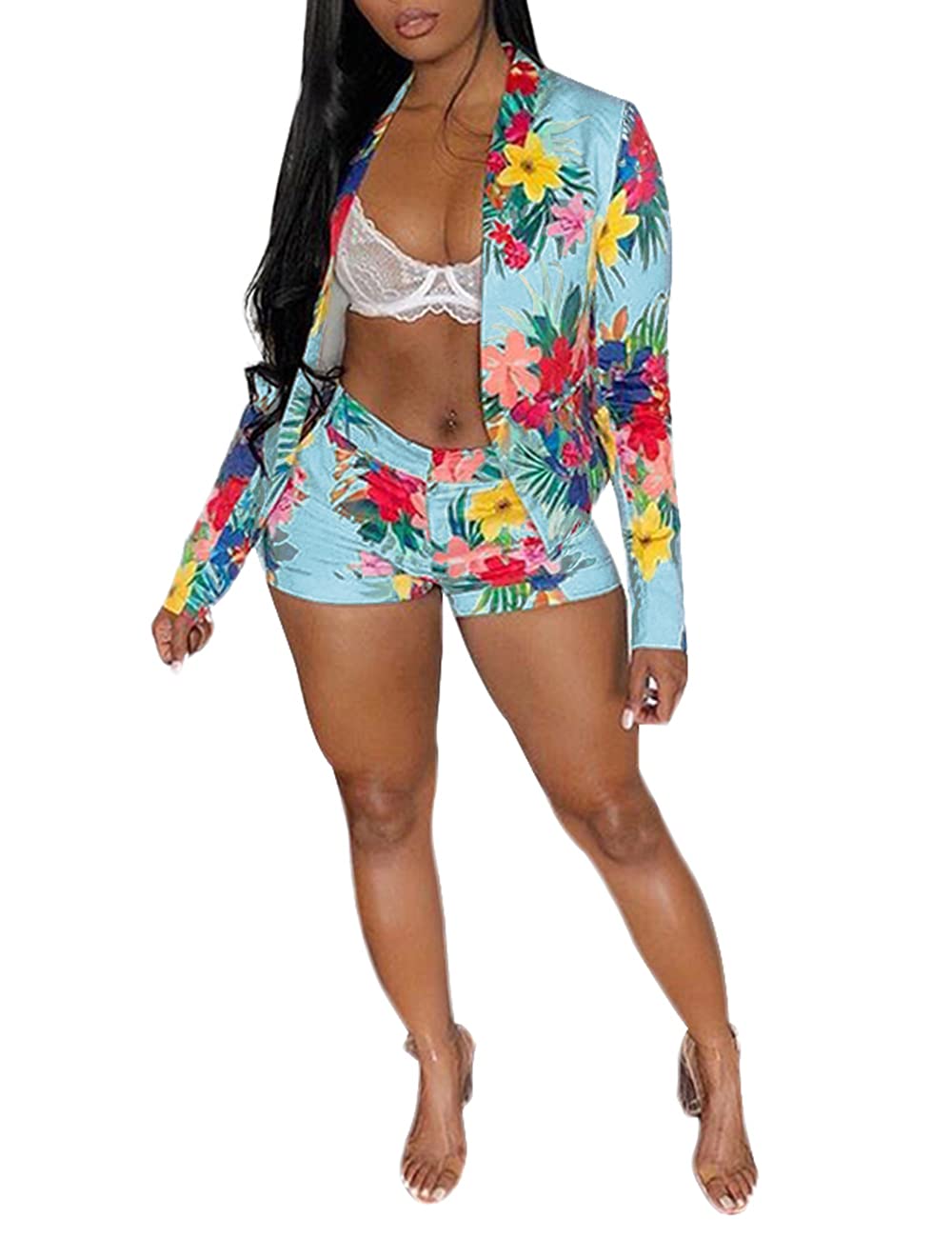 Angsuttc Women's Floral Print Long Sleeve Open Front Blazer Jacket + Short Set 2 Piece Outfit - green - X-Large