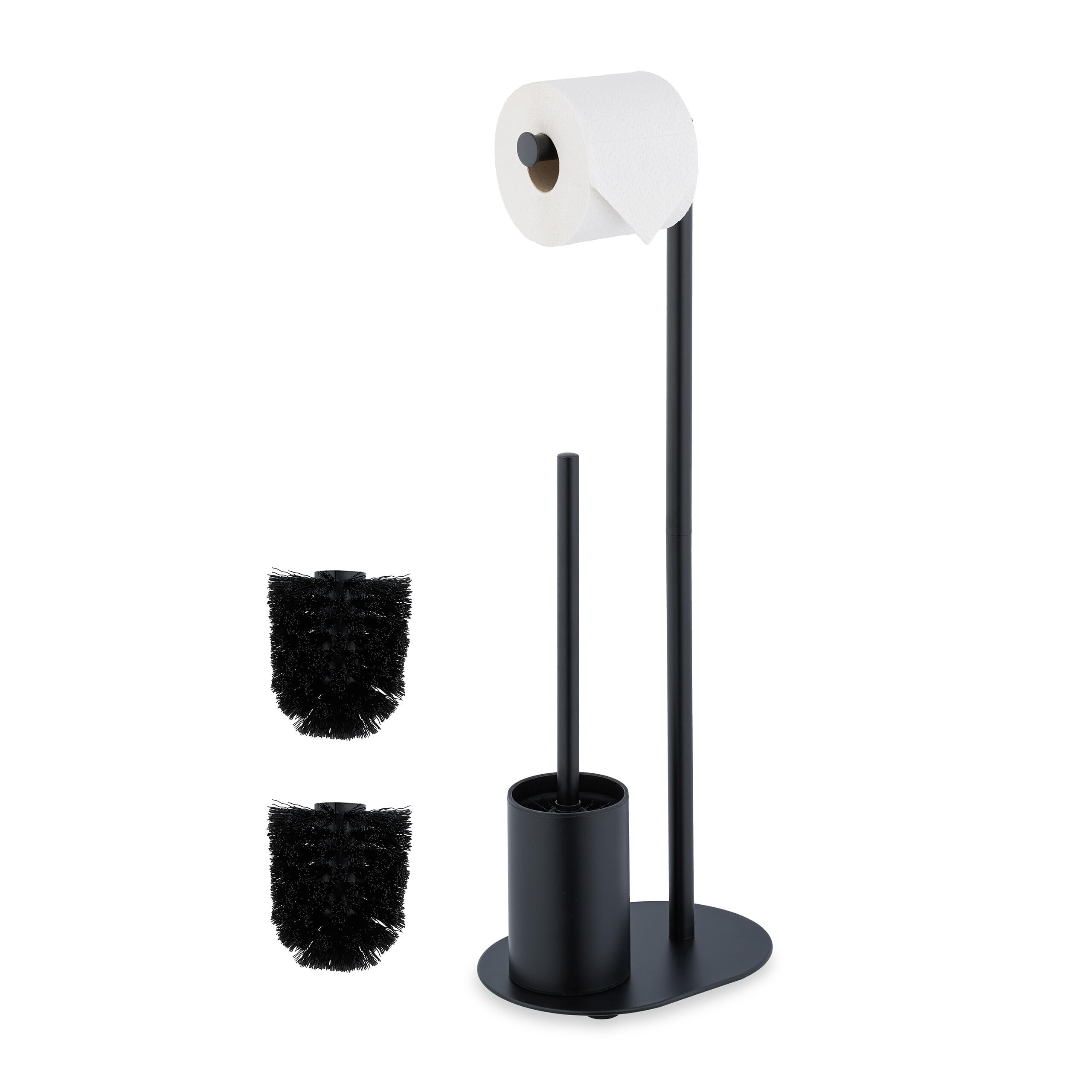 Relaxdays Toilet Roll Holder and Brush Set, Metal, HxWxD 63 x 23 x 17 cm, Freestanding Bathroom Paper Stand, Black