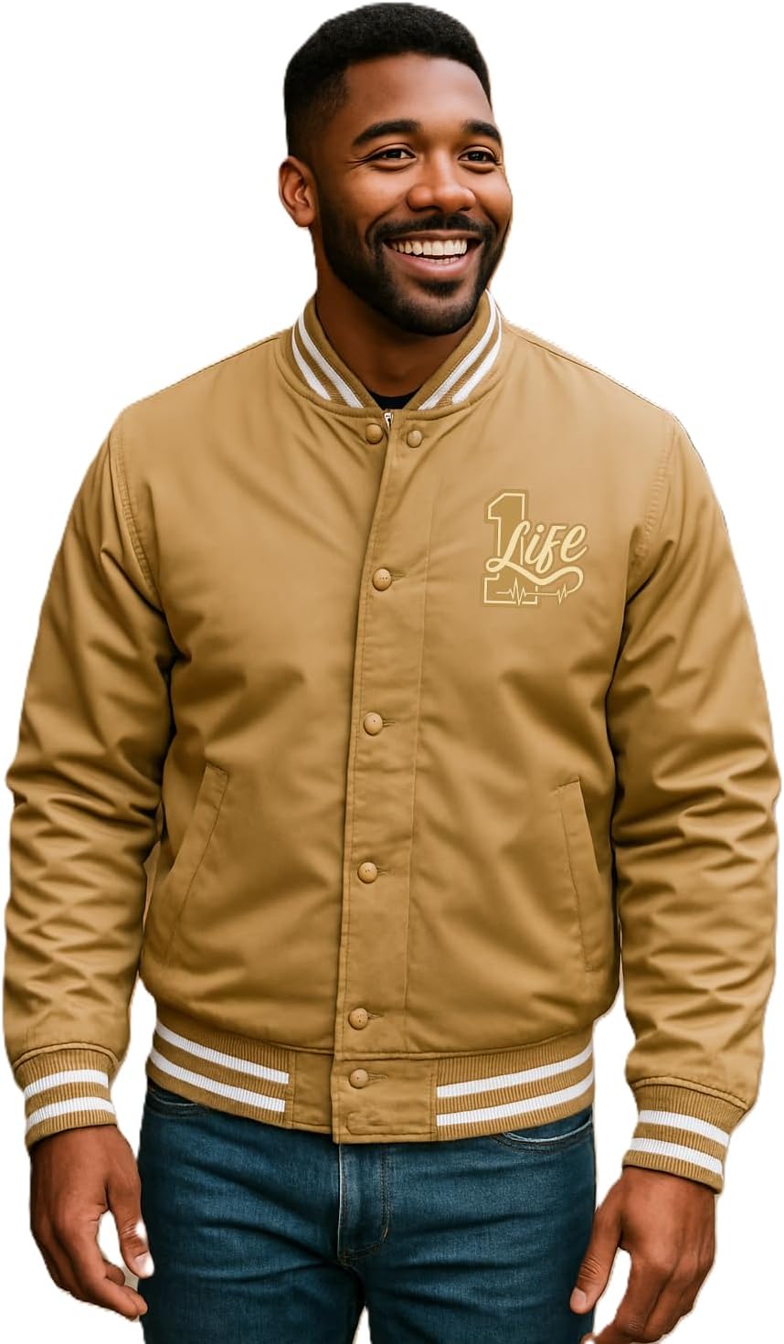 Varsity Jacket, Live Bold, Live Present - Water-Repellent, Snap Closure, Inner Pocket – Warm Stone/White
