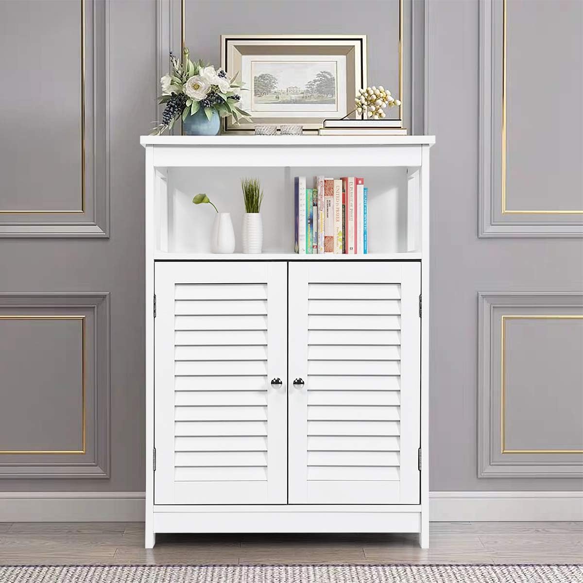 White MDF Living Room Cabinet with Adjustable Shelving