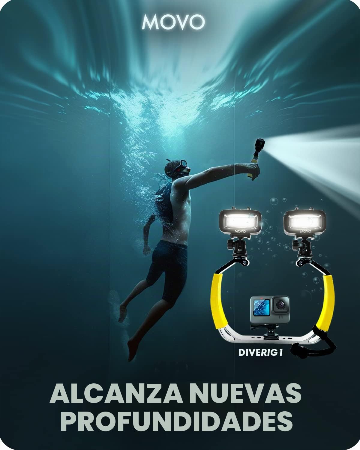 Movo DiveRig1 XL - Paquete de Aparejos de Buceo con Luces LED Impermeables - Compatible con GoPro Hero, HERO5, HERO6, HERO7, HERO8, HERO9, HERO10 y dji Osmo Action CAM - Accesorios de Buceo para