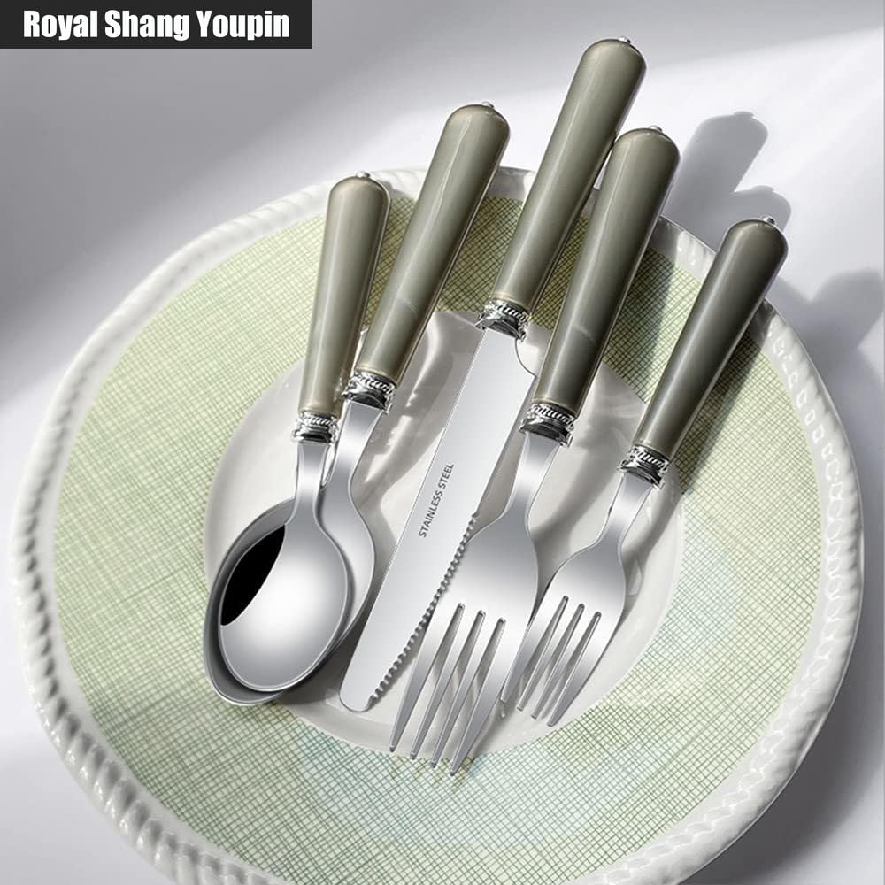 ABS Perle Poignée Cuisine Acier Inoxydable Argenterie Vaisselle Couverts Ensemble De Couverts Couteau À Steak Fourchette Cuillère Cuillère À Café Ustensiles (Beige,20 pièces)