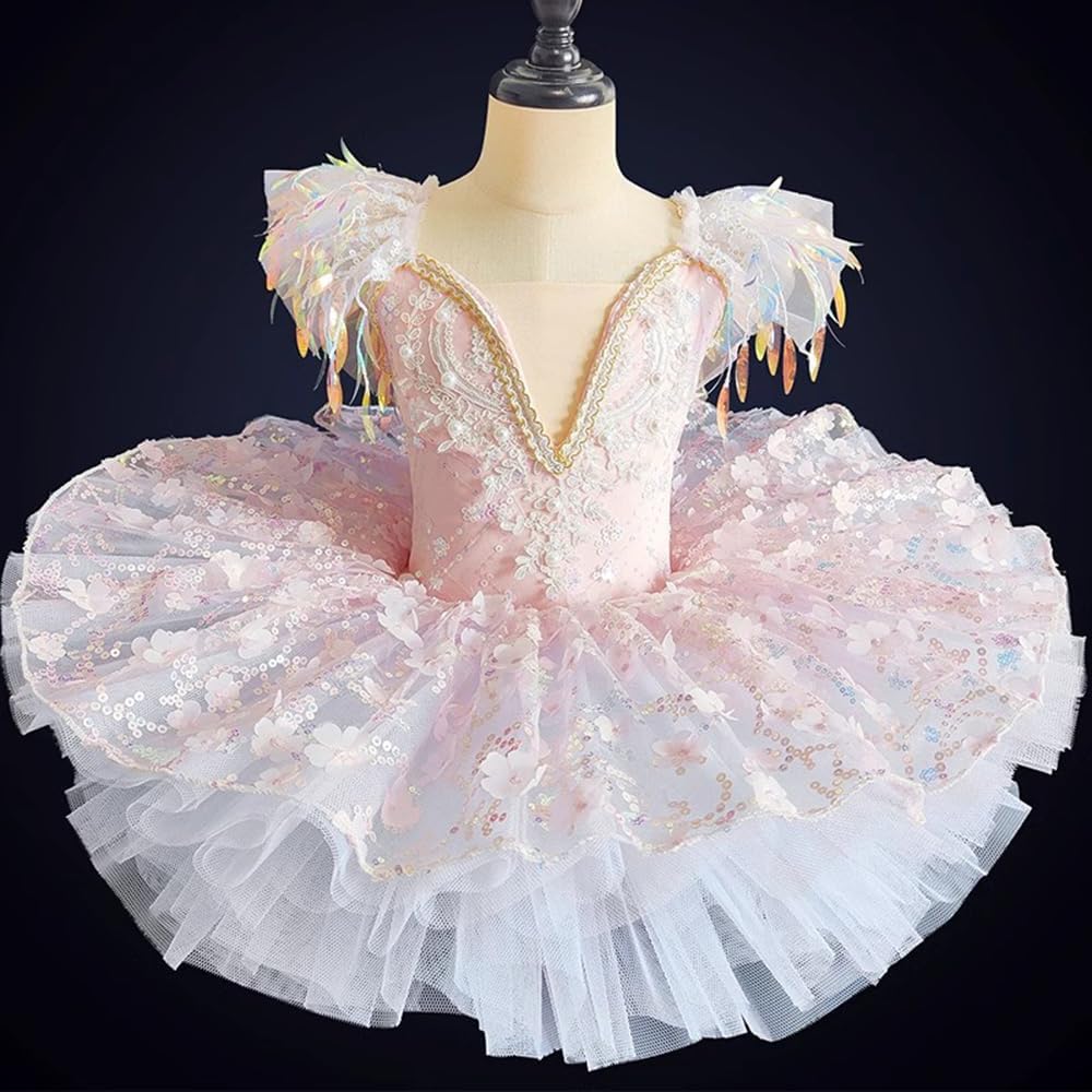 Mädchen Ballettkleid mit Blumenmuster und Pailletten, Ballerina-Kostüm für Kinder, geeignet für Tanzaufführungen