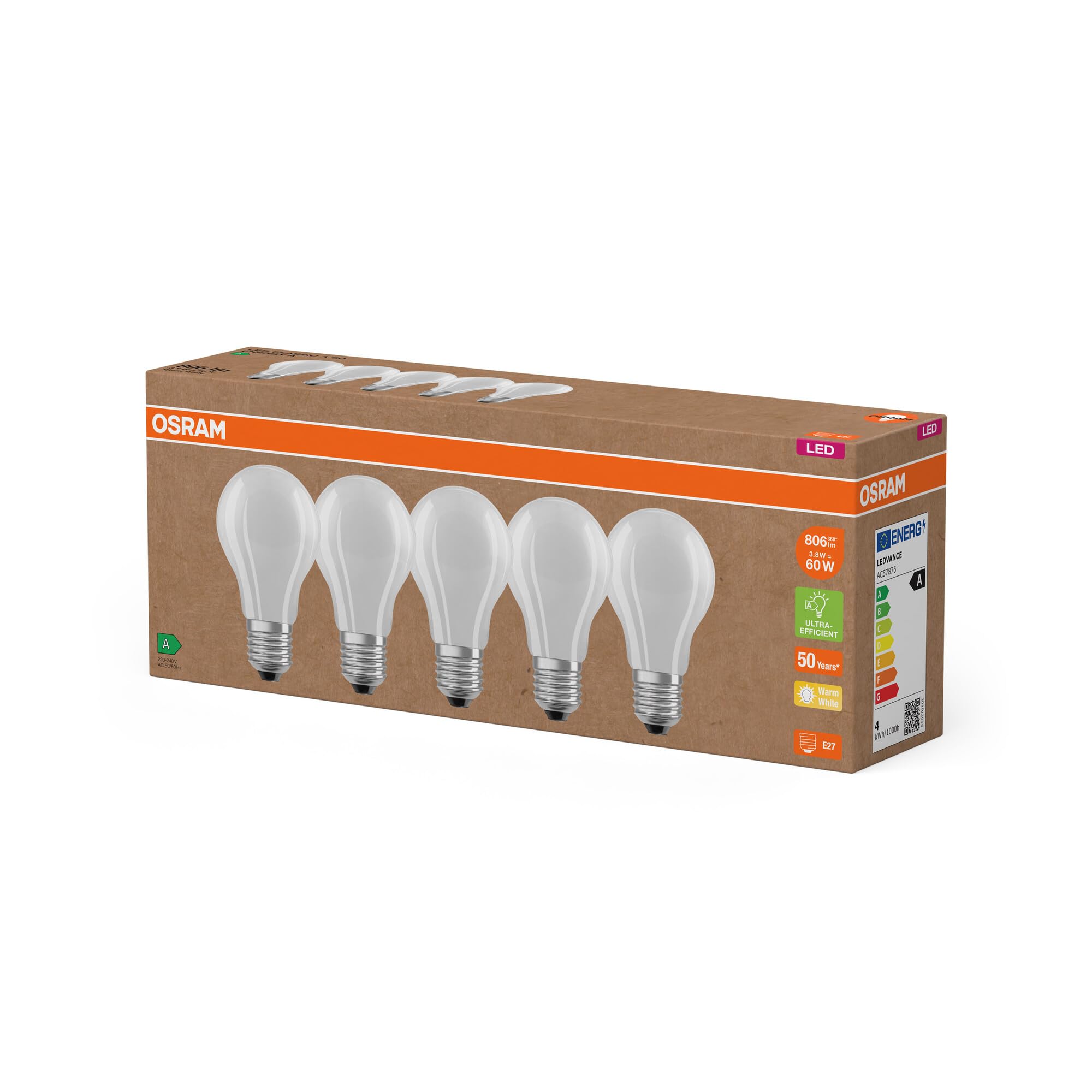 OSRAM Lámparas LED de alta eficiencia con clase de eficiencia energética A, Paquete de 5 bombillas, reemplaza de 60W, blanco cálido (2700K), E27, vidrio mate