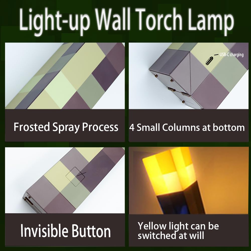 OVLENG Lampe murale torche MCraft - Lampe de nuit rechargeable 11" USB-C pour lampe de chevet pour salon, jeu, studio, chambre, jaune