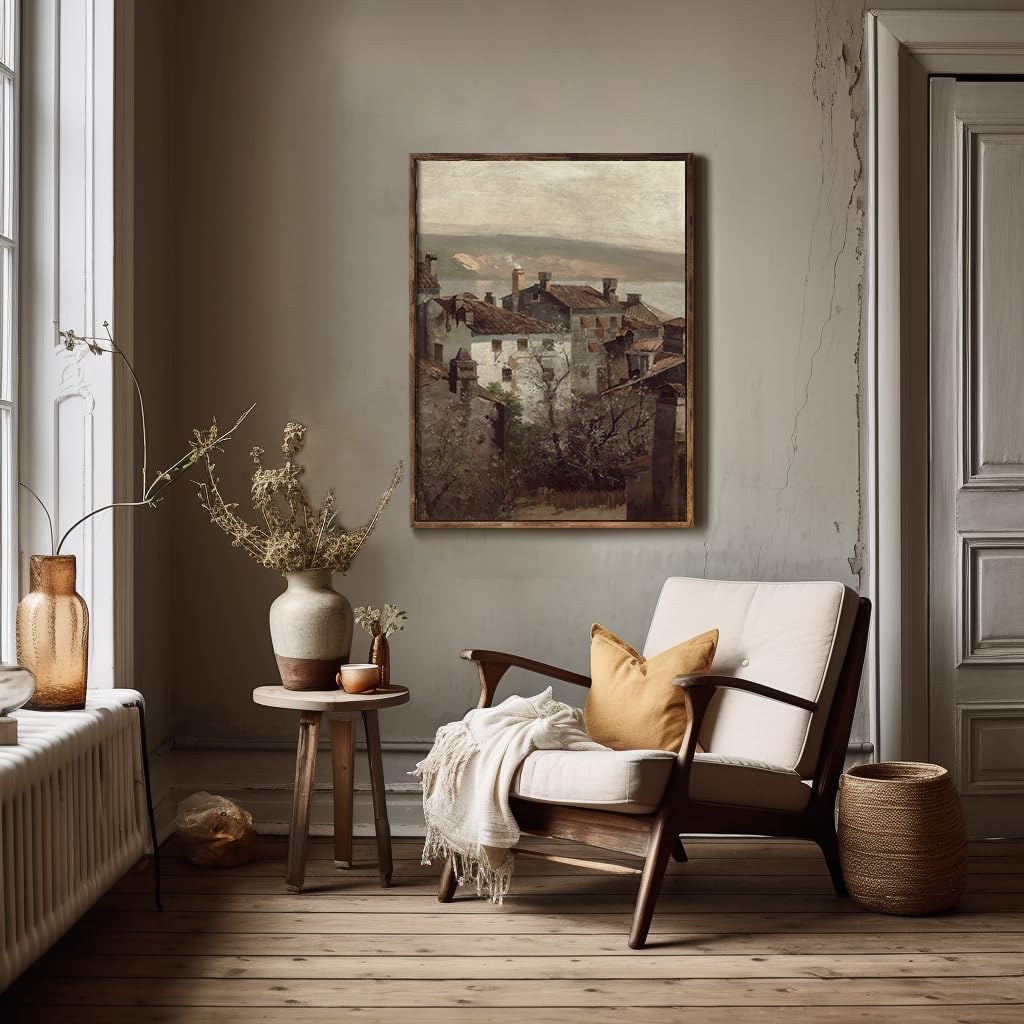 Rustic Farmhouse Wall Art Decor - Unframed Rolled 24x36 - Art Deco Pictures for Bathroom - French Country Kitchen Print Poster - Autumn Fall Lake Town Building - Neutral Aesthetic Vintage CottageCore